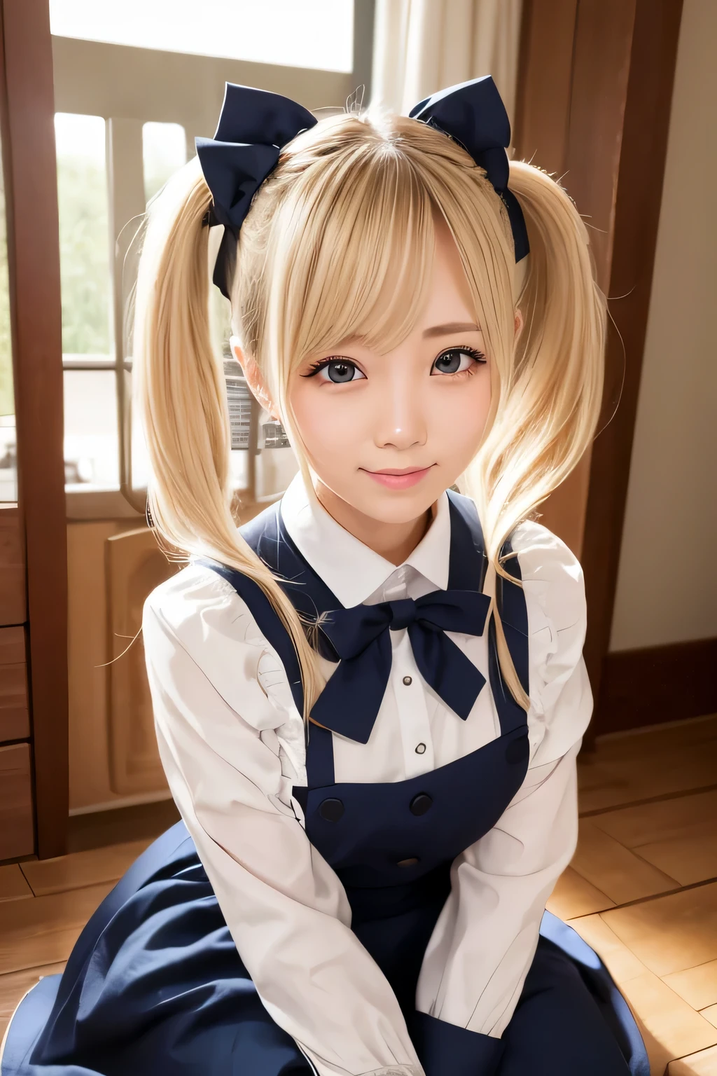 greeting、head down、whole body、one beautiful maid、blonde twintails、indoor