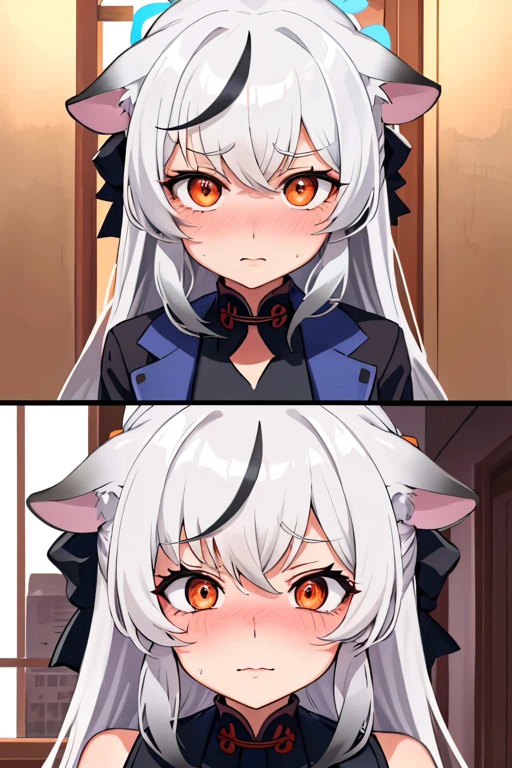 1girl, kokona, indoors, orange eyes, white hair, :3 mouth, embarrassed, beautiful eyes, beautiful lips, shiny lips, extremely detailed eyes and face, long eyelashes, close-up, warm lighting, vibrant colors, looking at the viewer, embarrassed look, blush, Winter suit, winter wonder