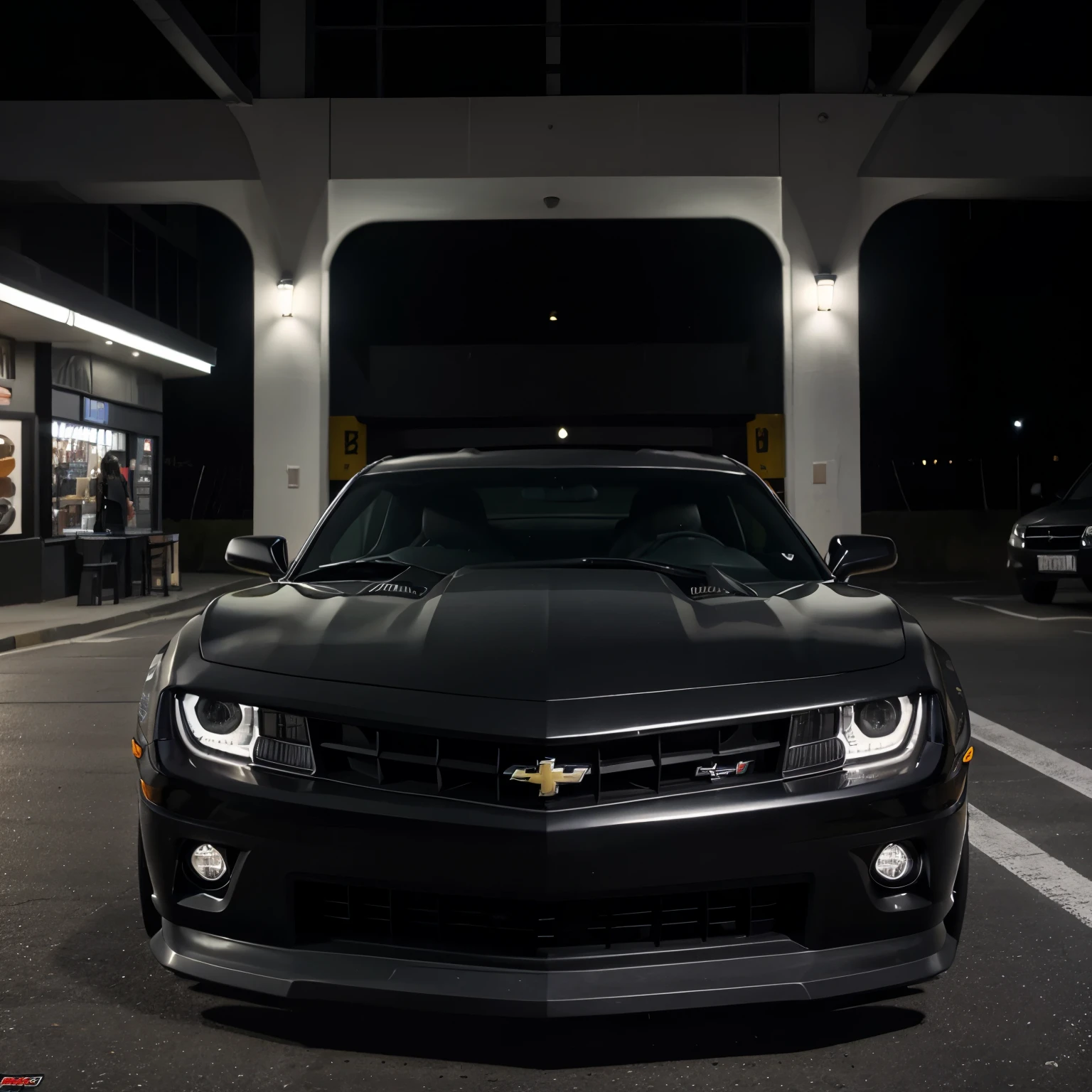 Coche Chevrolet Camaro modelo 2010 color negro brillante, still side motorcycle Suzuki gsxr black color, en medio adolescente hombre con lentes vestido de negro, ambiente de estacionamiento de noche 