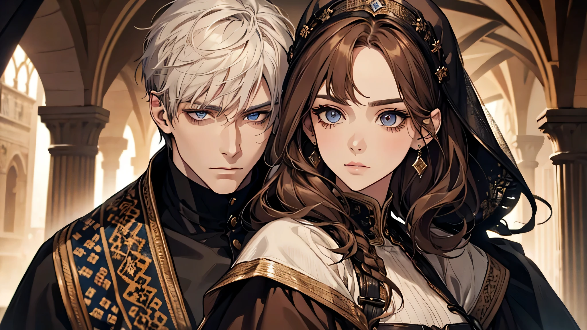 couple, 1 brown hair woman, 1 short white hair man, beautiful face, detailed face, detailed eyes, detailed nose, in a town, medieval times