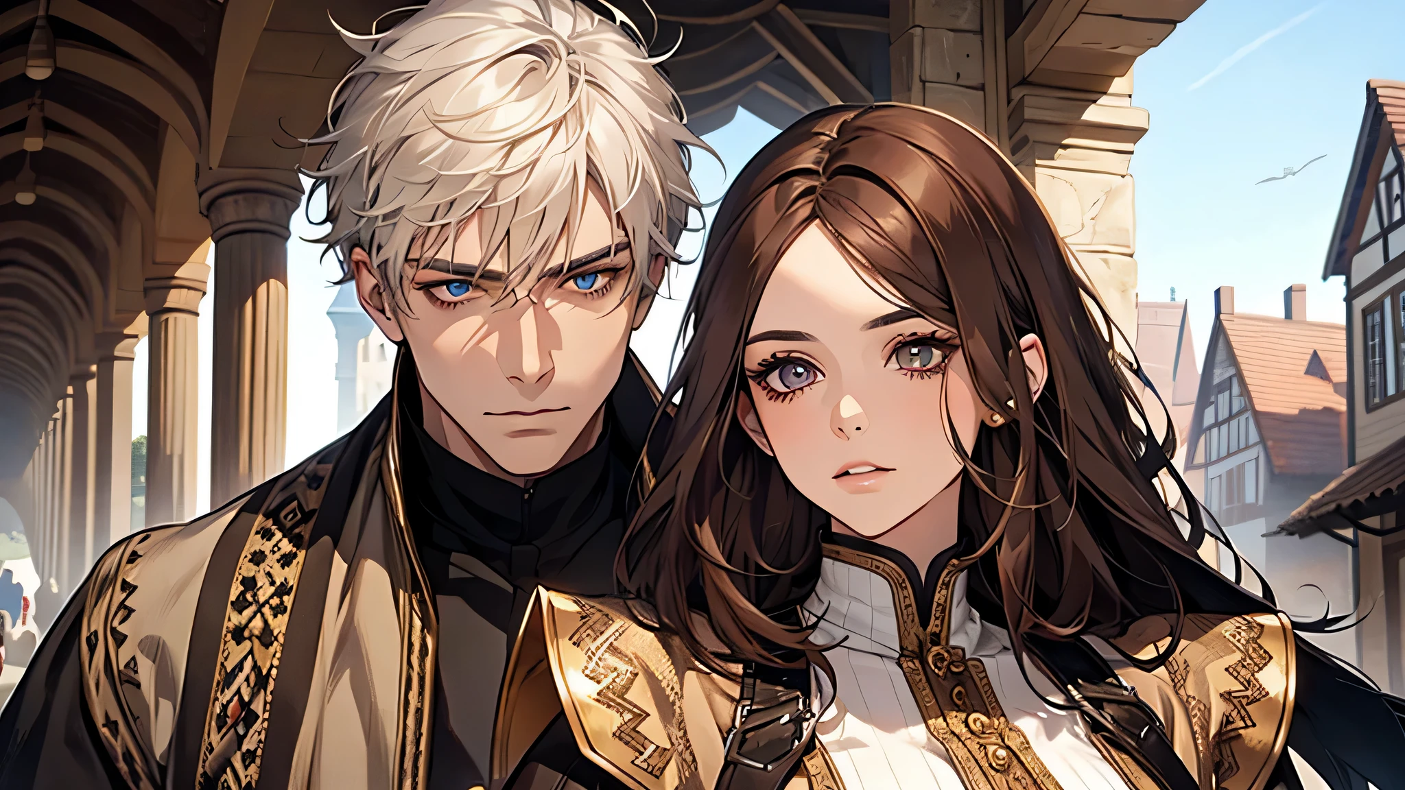 couple, 1 brown hair woman, 1 short white hair man, beautiful face, detailed face, detailed eyes, detailed nose, in a town, medieval times