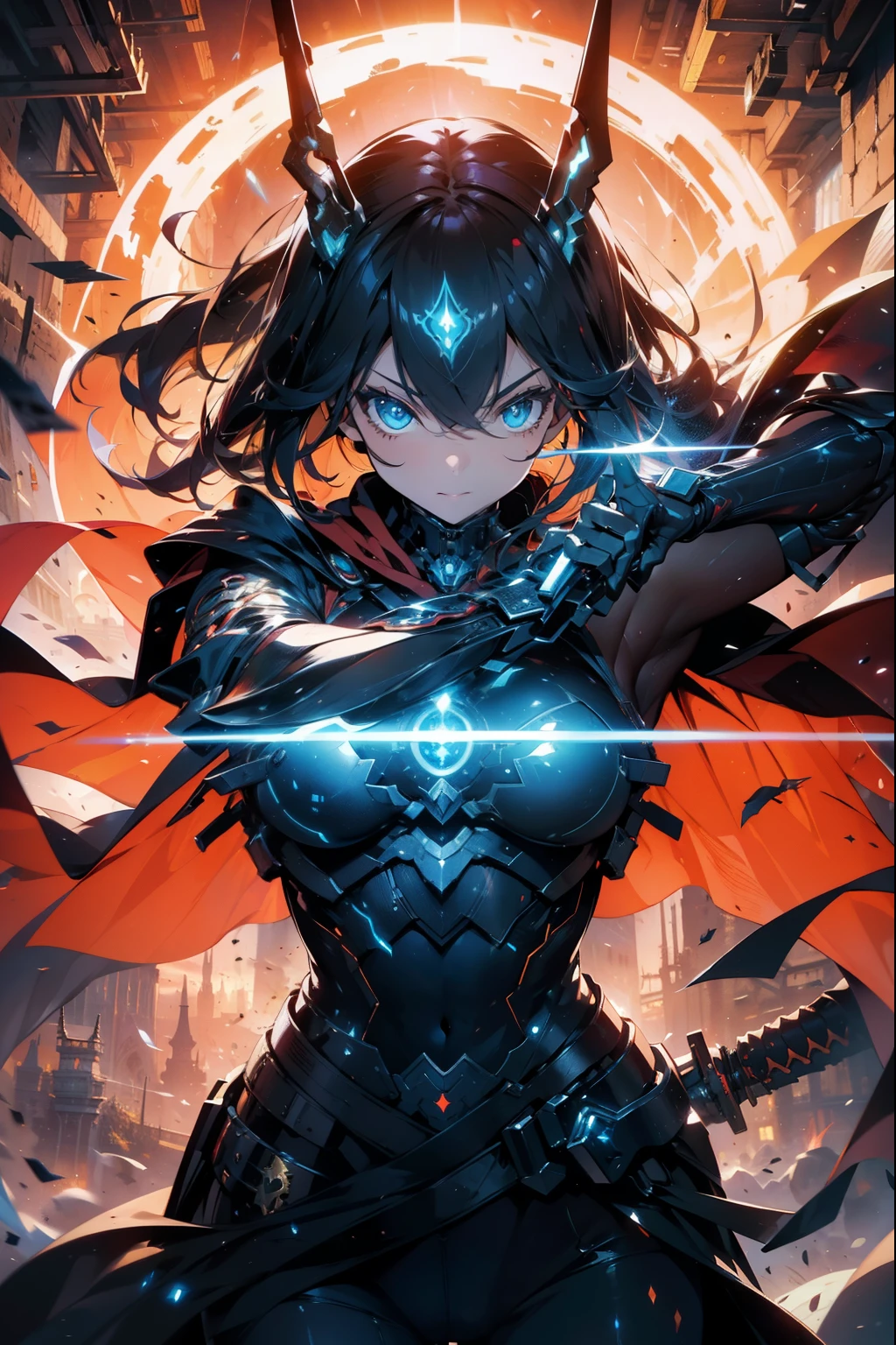 Waist up super heroine hot ocidental teen (masterpiece), best quality, expressive eyes, perfect face, art in fantasy mythic action effect, sharp focus, wearing super detailed suit with mechanicles part & hero cape, cybersamurai, glowing, holding sword