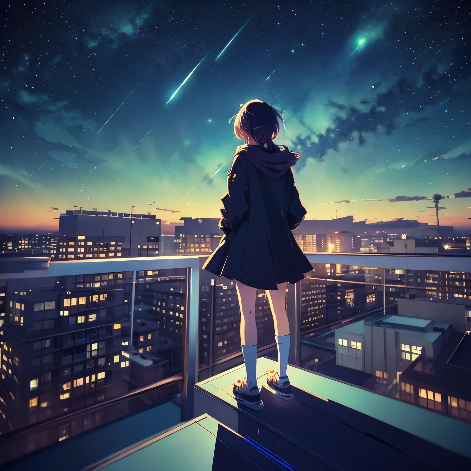 Anime girl standing on rooftop looking at stars and night sky, anime wallpaper 4k, anime wallpaper 4 k, 4k anime wallpaper, anime art wallpaper 8k, anime art wallpaper 4k, anime art wallpaper 4k, anime style 4k, makoto shinkai cyril rolando, 4k manga wallpaper, anime wallpaper, awesome wallpaper, shooting star