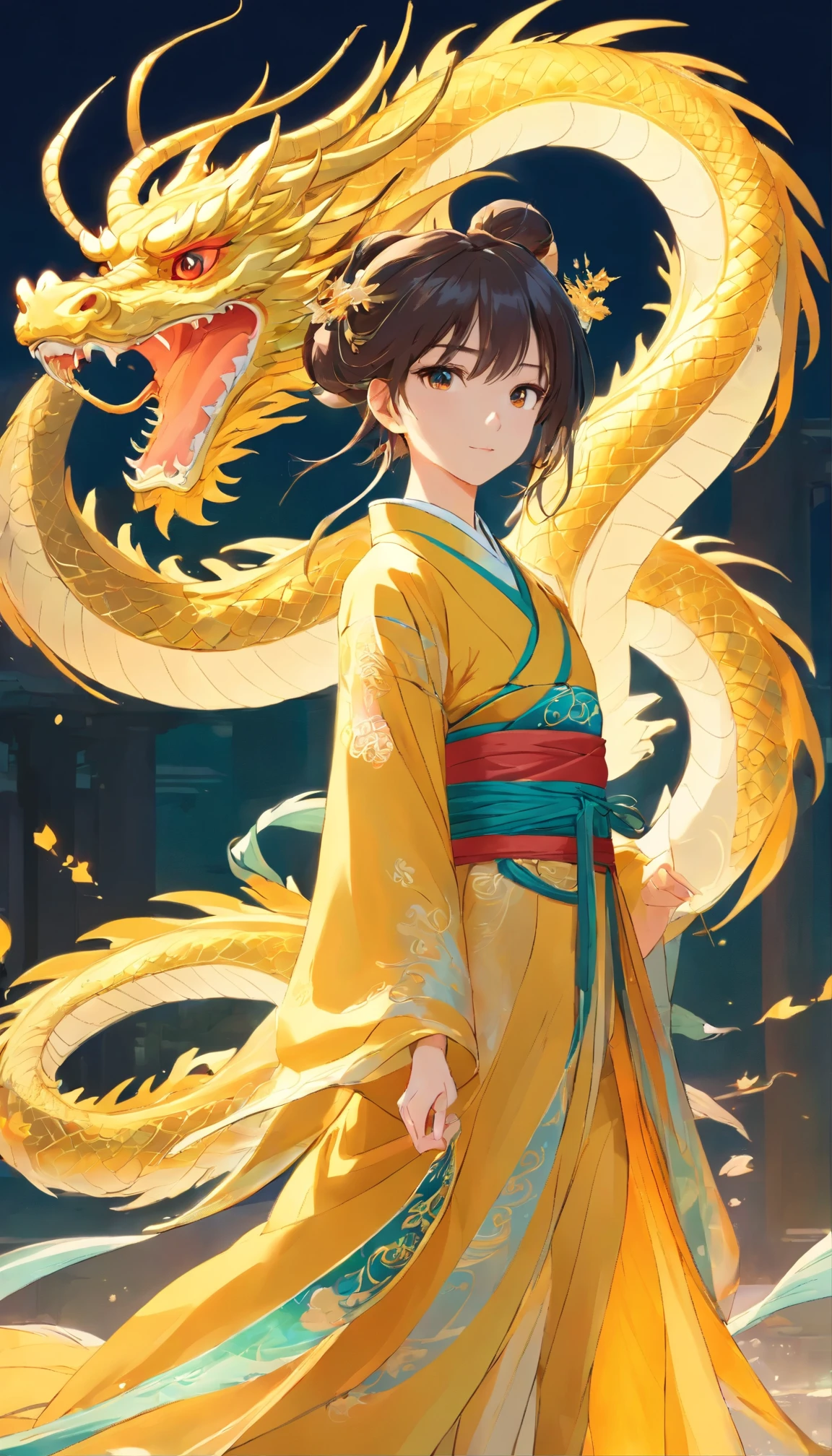 The fairy-like Chinese Hanfu,Translucent dragon embroidery. golden dragon,Domineering,Chinese dragon,The dragon is resurrected. It was beautiful, noble, octane rendering, Surrealism, Bright background
