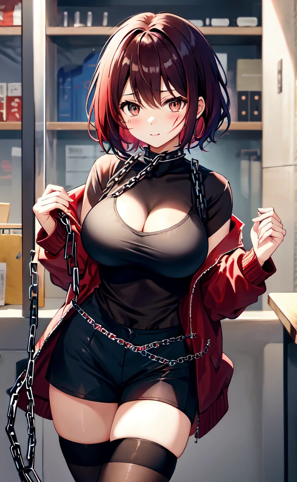 loli，female high school student，red short hair，，tights，(chain，Gladiator，scar)，scar累累手持长枪，