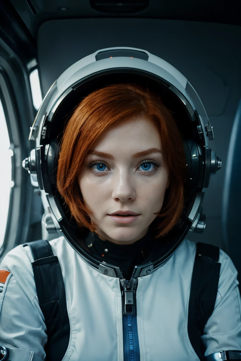 photo of a ginger woman, in space, futuristic space suit, (freckles:0.8) cute face, sci-fi, dystopian, detailed eyes, blue eyes out side of her spaceship