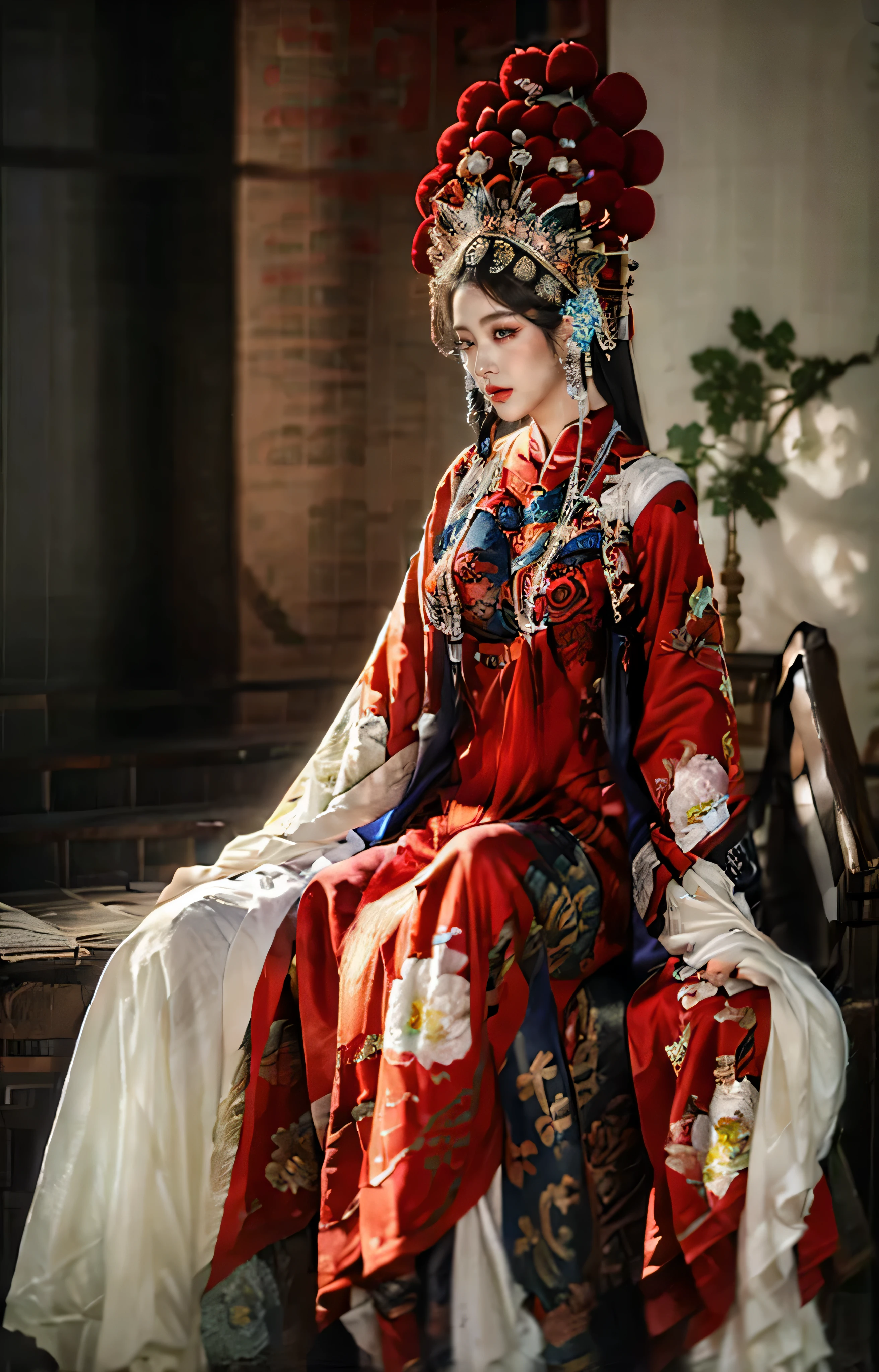 Cher Chinese Traditional Art Opera,1 girl,alone,sitting,black hair,stairs,flower,hair flower,whole body,long hair,jewelry,long sleeves,
