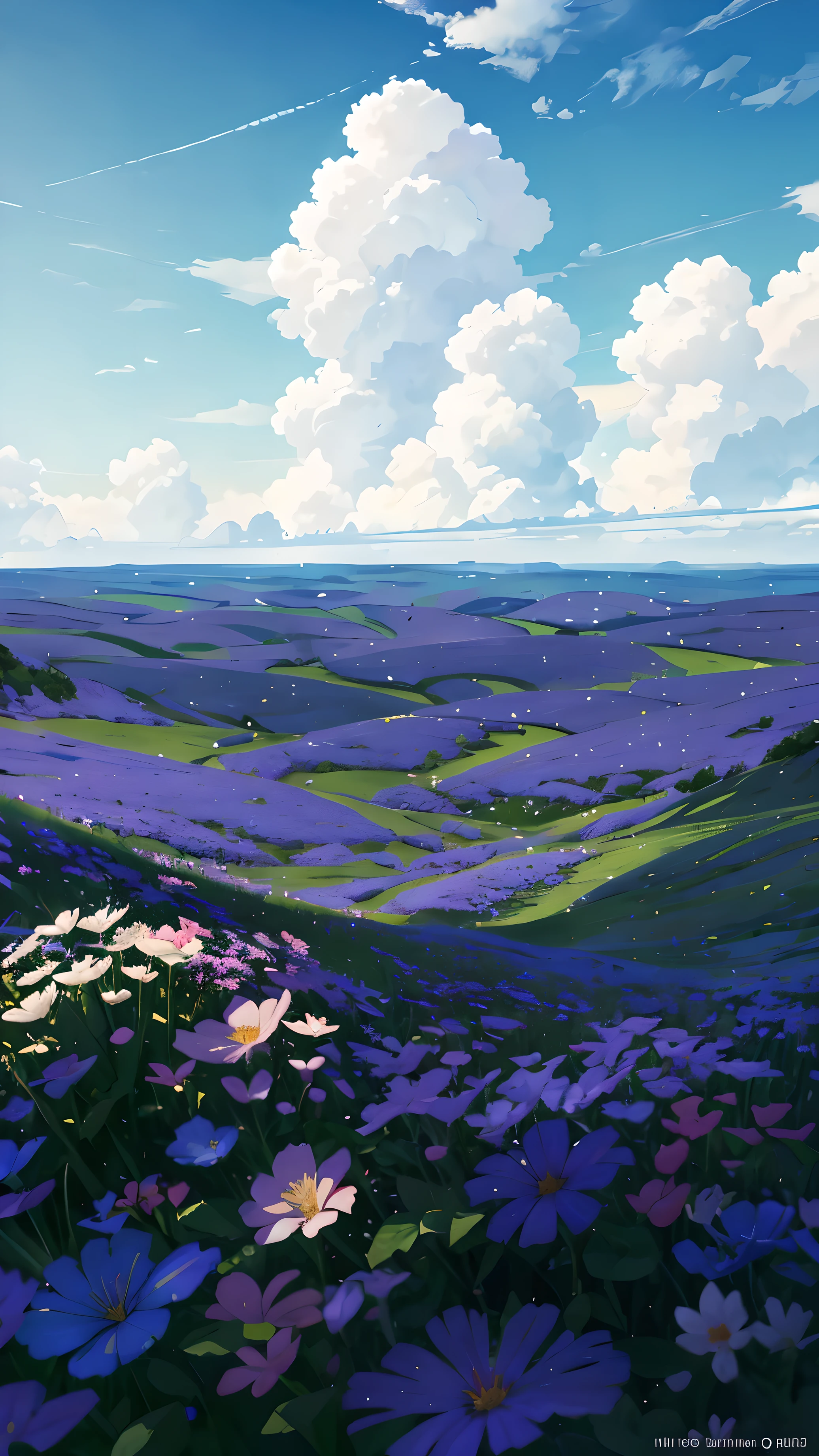 masterpiece, Scenes in summer, Several colorful flowers on the grass, Paradisiacal view, Large fluffy white clouds against a bright blue sky, The weather is hot,Energetic, HD details with wet watermark, Super detailed and cinematic, injecting surrealism, Soft and inviting light cast deep field focus bokeh, Ray tracing technology reveals the complexity of each petal, and the overall tranquil beauty of ar9:16 aspect ratio.