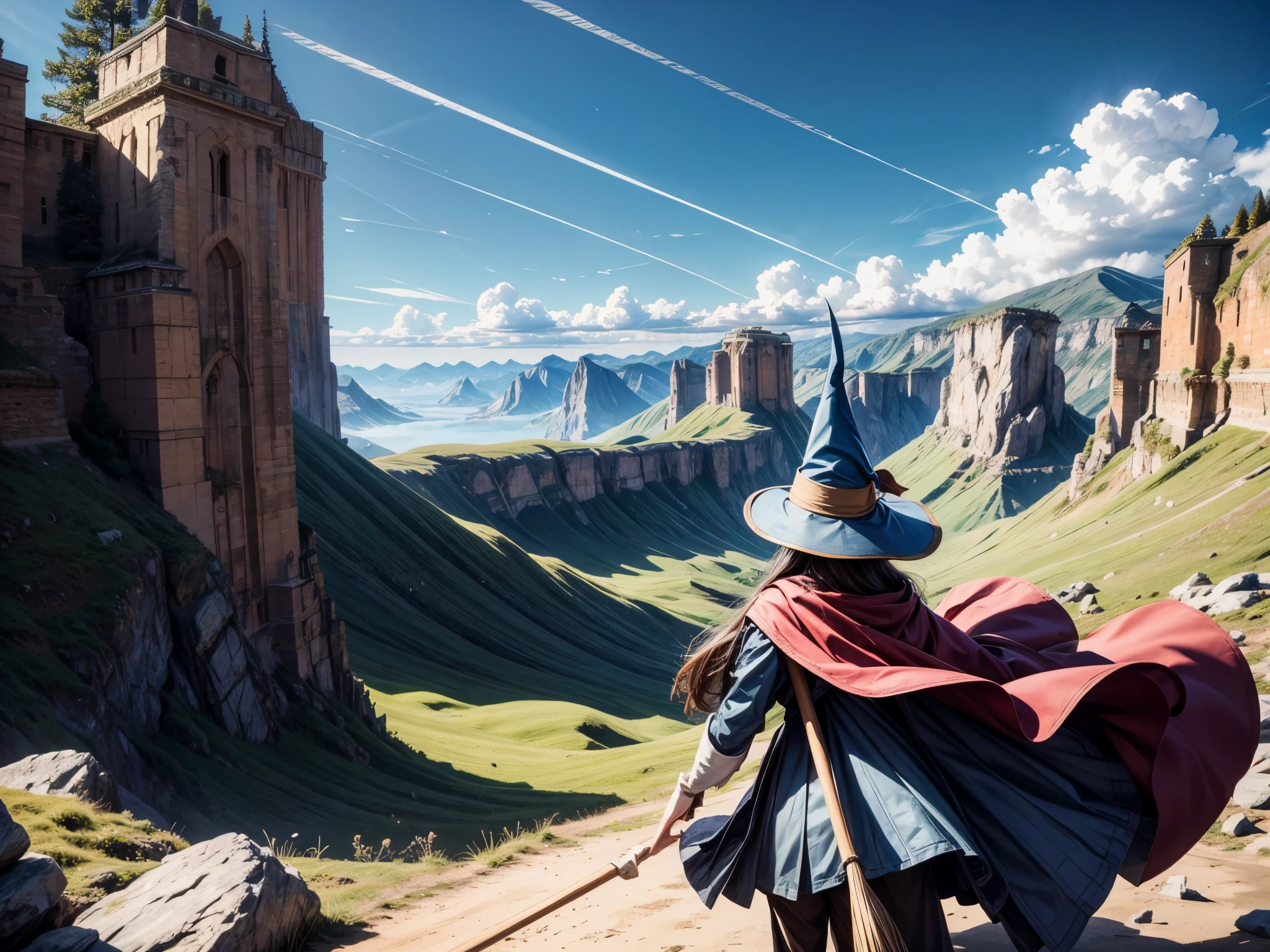 Flying Broomstick Race, ((several wizards are racing on flying brooms under the blue sky)), The backdrop of the vast sky and distant mountains