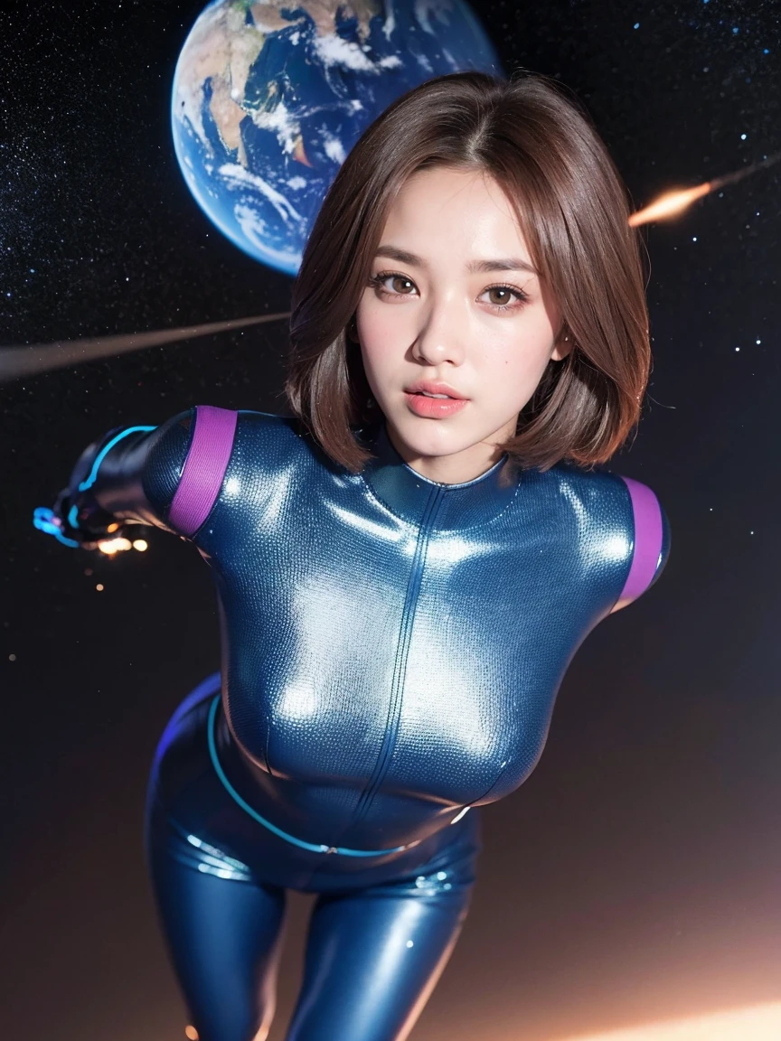 highest quality、masterpiece、ultra high resolution、(realistic:1.4)、Beautiful woman、Take a full body photo、beautiful eyes and skin details、smile、coppery bob cut、blue and purple space suit costume、outer space、Planetary collision、A big explosion in the background、(((beams flying around)))