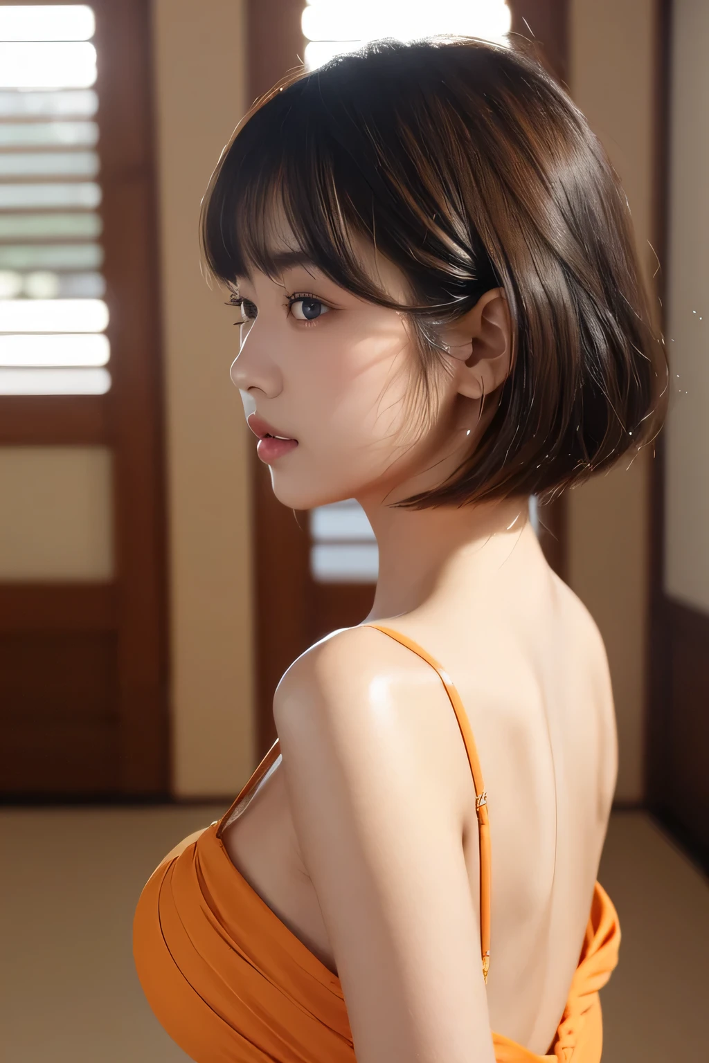 (best image quality)、ultra-realistic capture、19 year old Japanese woman、natural eyes、cute、bob hair、With bangs、open back dress、Rear view、Natural light、shiny skin、orange makeup