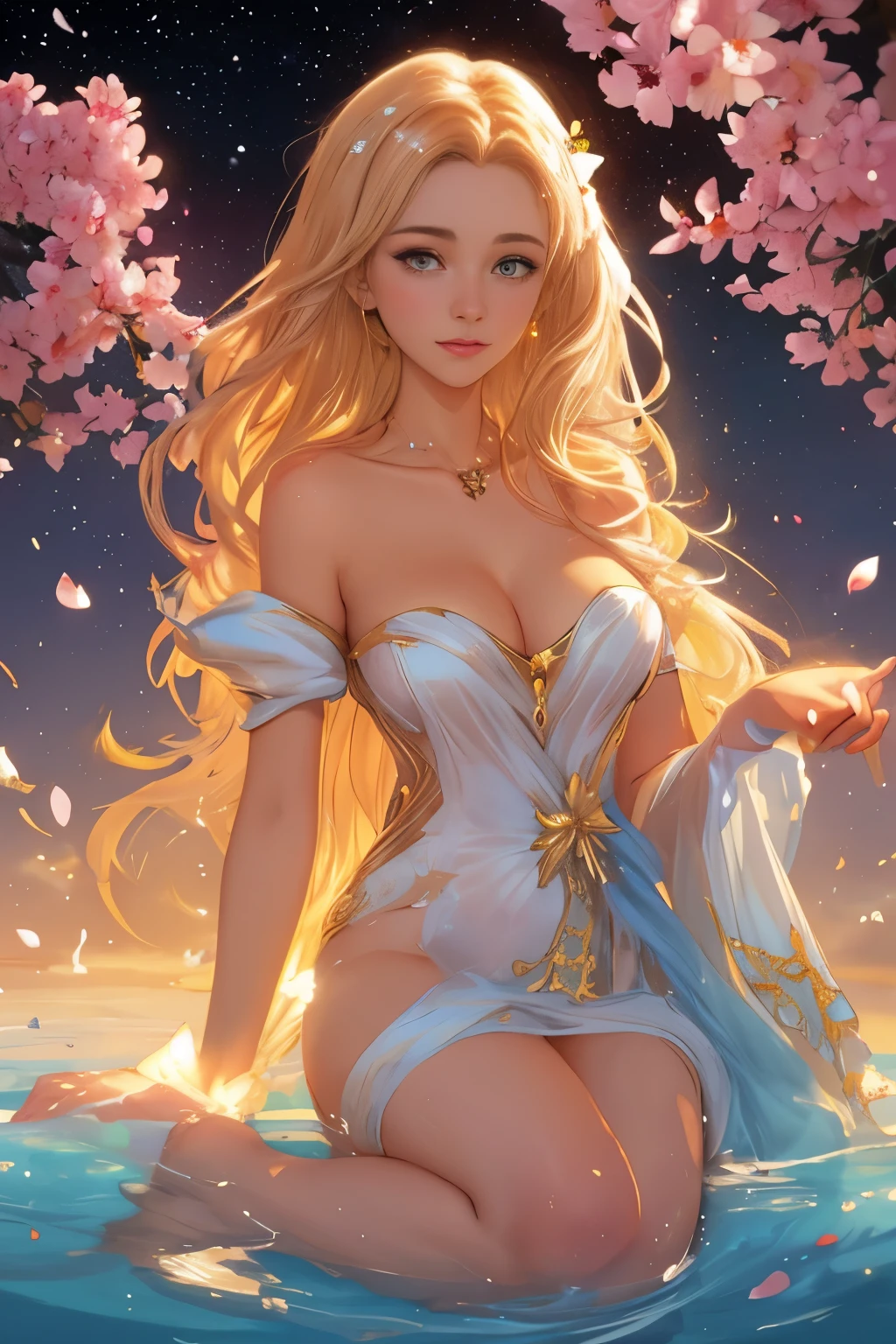 cosmic canvas, the girl's breasts are seductively exposed, full body portrait, golden hour, falling flower petals on her hair, intricate, elegant, highly detailed, wonderful eyes, sweet, digital painting, artstation, concept art, smooth, sharp focus, illustration, art by artgerm and greg rutkowski and concept art, rectilinear vaporwave