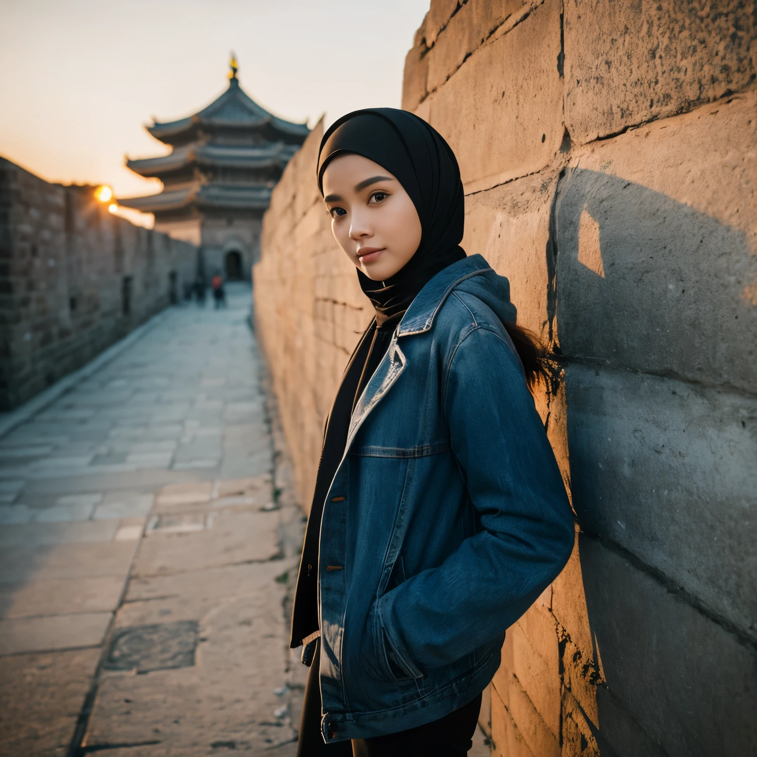 an Indonesian Javanese woman (25 years old, oval and clean face, hijab, thin body, Indonesian-style skin, wearing a thick winter jacket, jeans) standing posing like a model on the Great Wall of China, photo slightly tilted to the side, visible face, atmosphere night, minimal lighting, sunset light. ultra HD, real photo, very detailed, very sharp, 18mm lens, realistic, photography, leica camera