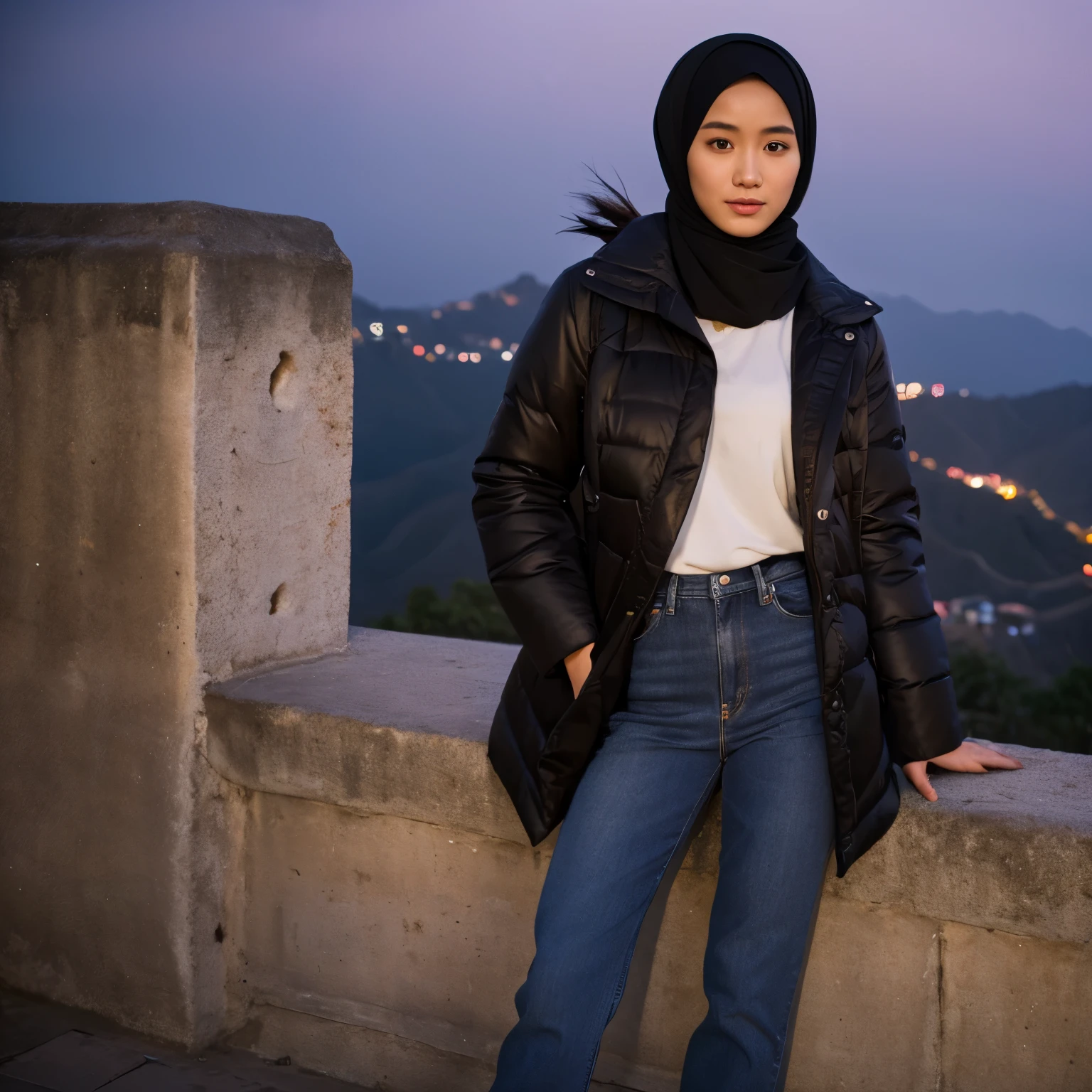 an Indonesian Javanese woman (25 years old, oval and clean face, hijab, thin body, Indonesian-style skin, wearing a thick winter jacket, jeans) standing posing like a model on the Great Wall of China, photo slightly tilted to the side, visible face, atmosphere night, minimal lighting, sunset light. ultra HD, real photo, very detailed, very sharp, 18mm lens, realistic, photography, leica camera