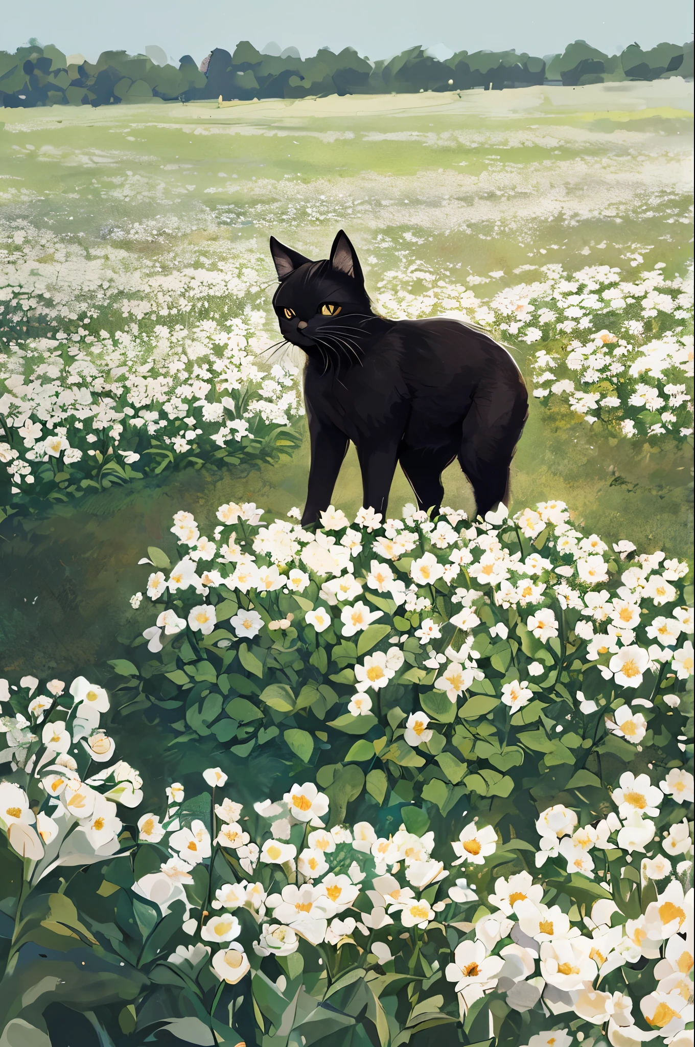 black kitten playing in a field of white flowers.