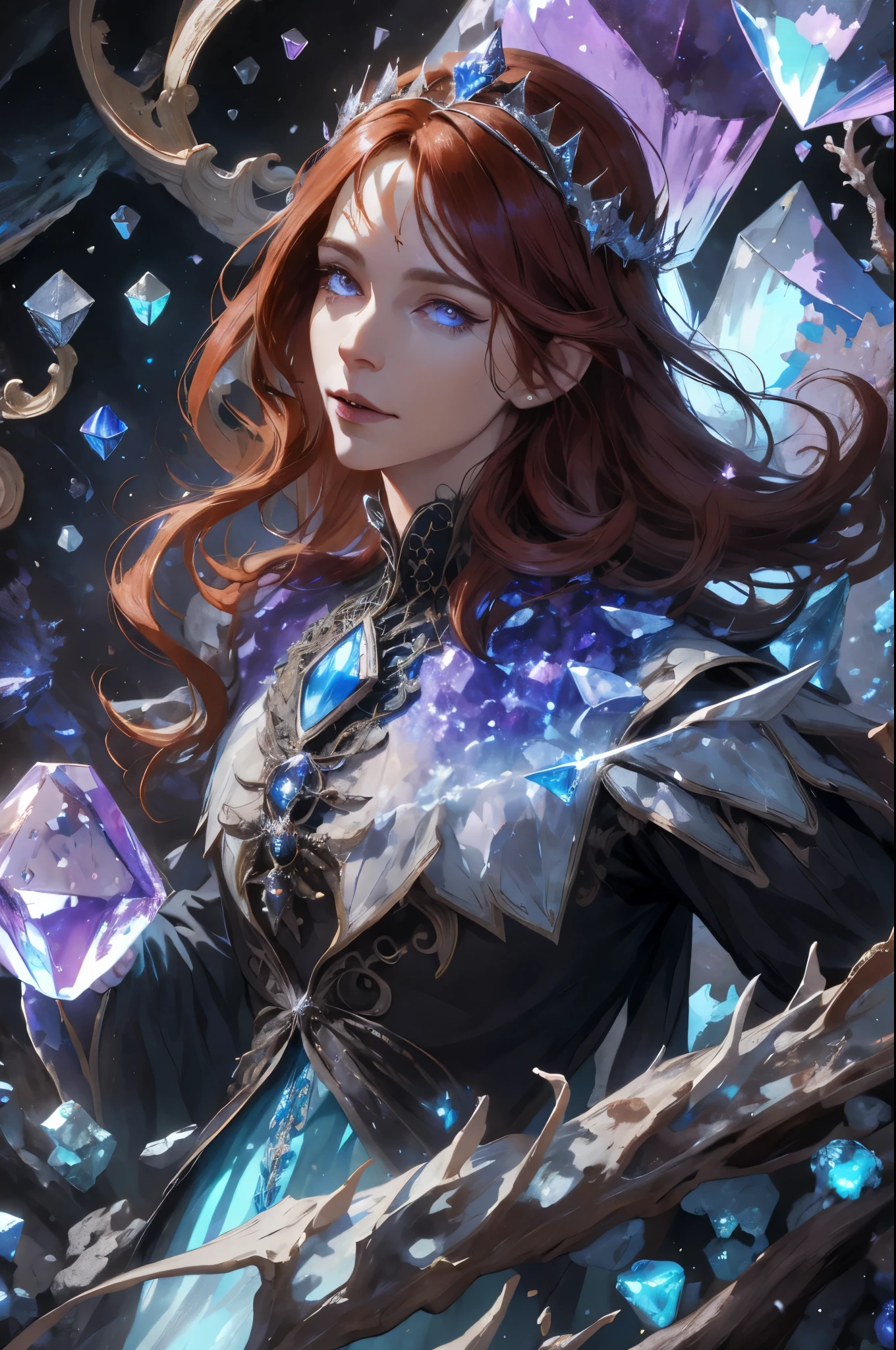(absurdres, highres, ultra detailed), 1woman, mature female, aged up, wavy long hair, auburn hair, coral eyes, bangs, long sleeves, finely detailed eyes and detailed face, extremely detailed CG unity 8k wallpaper, intricate details, (style-swirlmagic:1.0), looking at viewer, solo, upper body, detailed background, close up, detailed face, (gothic dark ages theme:1.1), crystal sorcerer, dynamic pose, earth themed clothes, crystal crown, floating in the air, glowing magical shards, surrounded by blue magical crystals, rock formations, stalactites, magical floating particles, crystal glass, crystal sphere, crystal canyon background, (shallow water:0.7), epic ethereal atmosphere, updraft,, portrait