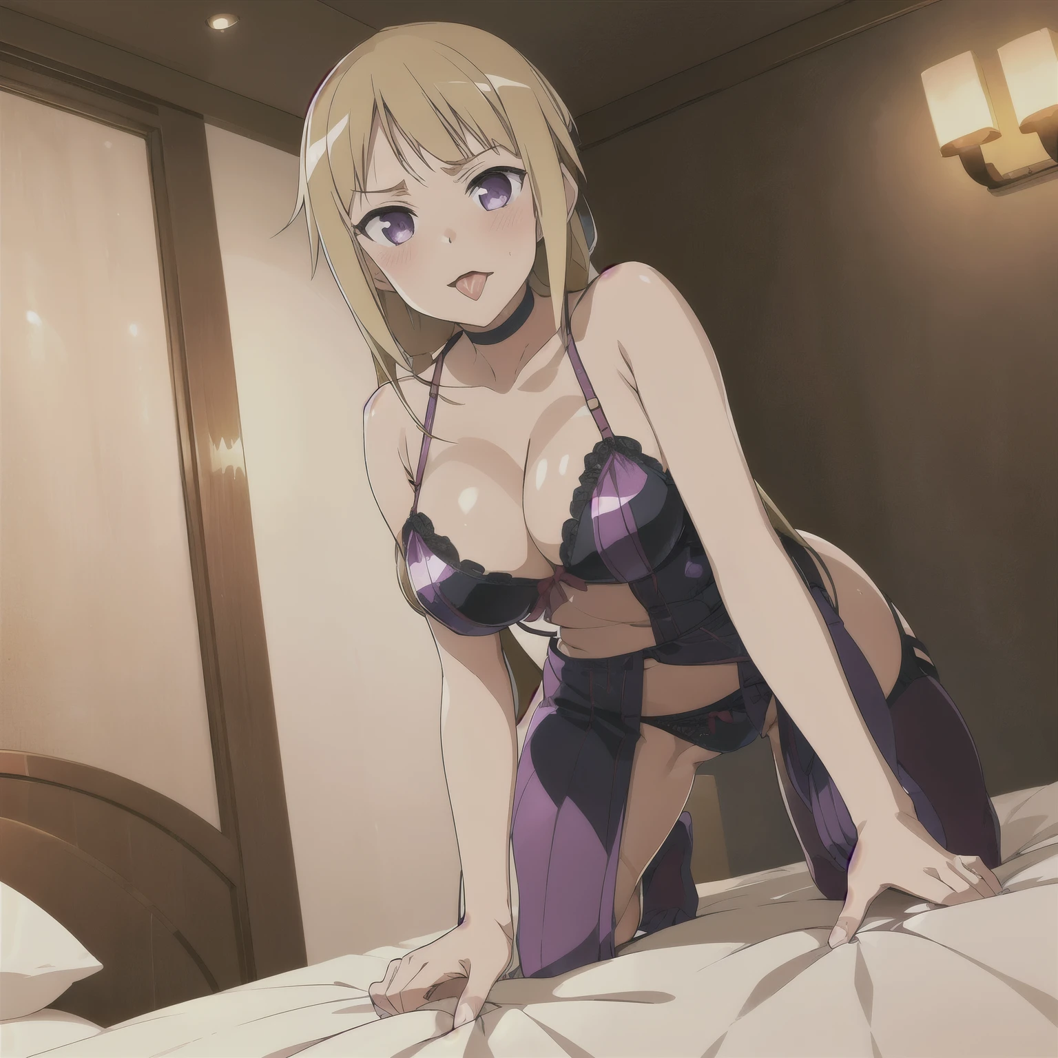 Night, in hotel, Lying in bed, all on fire, 1girl, blond hair, purple eyes, very_long_hair, masterpiece, high_res, high_definition, sexy pose, Flirtatious Pose, medium_breasts, blush, shy, embarassed, lingerie, seductive pose, ,Wearing edgTemptation, tongue out, open mouth, saliva, mature_female, Milf, mature woman,