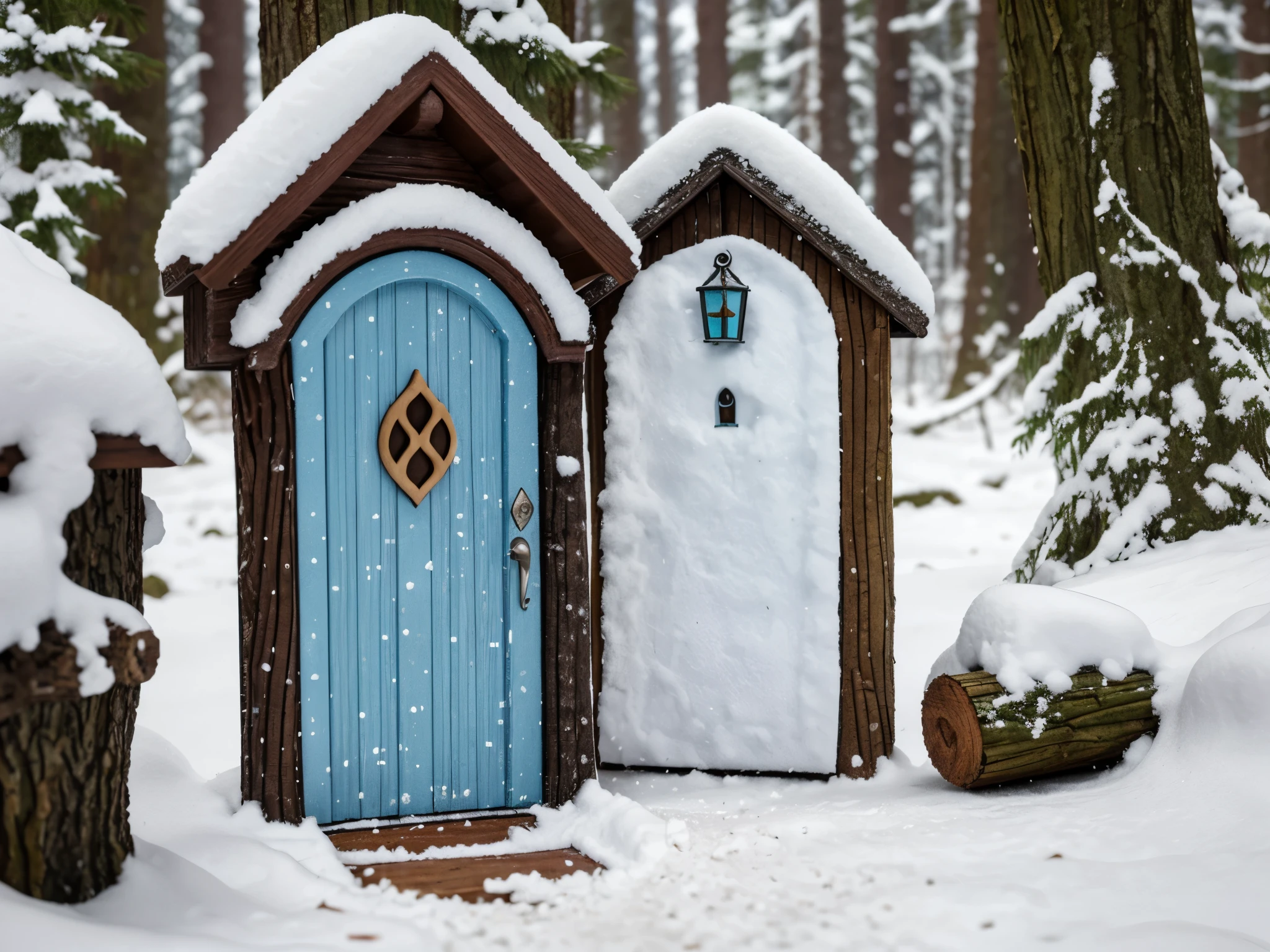 a fairy door in the snow stands in the middle of a winter forest