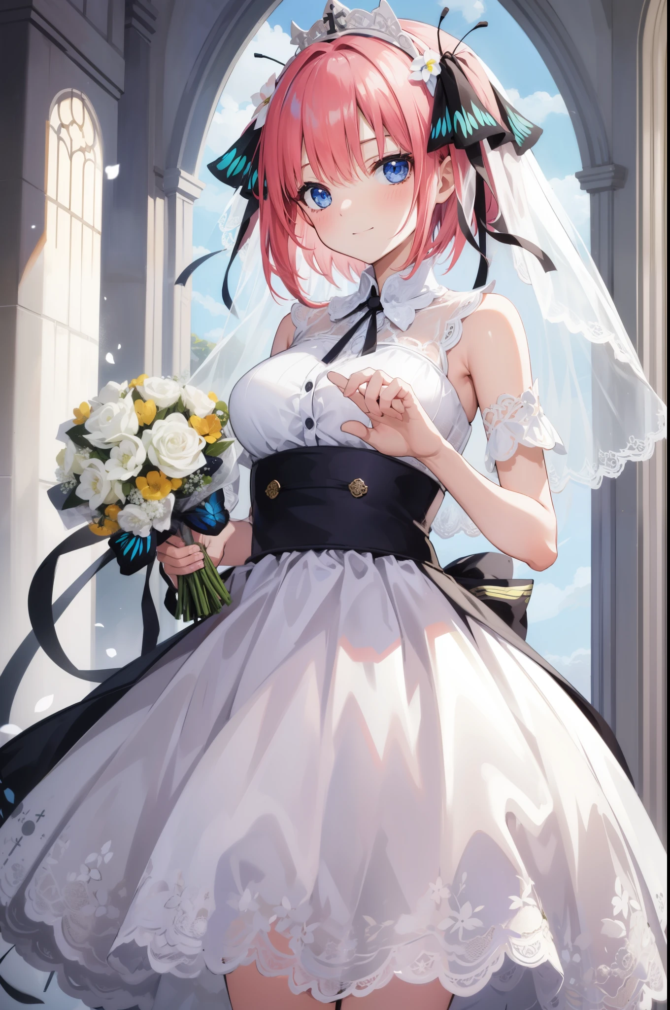 masterpiece, highest quality, High resolution, 1人のgirl, girl, masterpiece、highest quality、masterpiece, highest quality, high again, , 1girl, alone, hair flower, wedding d again ss, Holding a bouquet of flowers in your hands, Chacha, smile, church, white bridal veil,  Nakano Nino, pink hair,  short hair , butterfly hair ornament, 