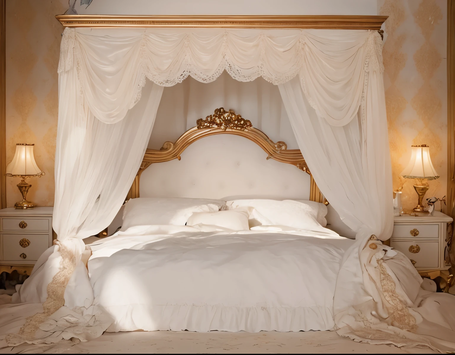 ,highest quality, masterpiece, highest resolution, artwork, super それにget used to it, many get used to it, get used to it, それにget used to it, 3K realistic photos,,Pillow with large frills and ribbons,Detailed pillow,白い贅沢なcanopy bed,canopy bed,Luxury rococo style curtains on both sides of the bed,many white frilly pillows on the bed,super detailed background,Detailed bed,soft white futon,フリルとリボンが沢山付いた薔薇柄のDetailed bedカバー,romantic atmosphere,Palace bedroom,