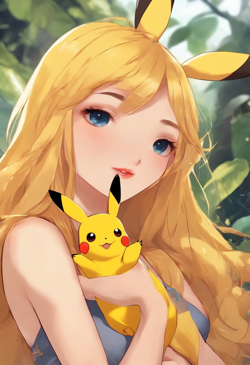 Girl with long yellow hair and short skirt holding a playful and cute Pikachu