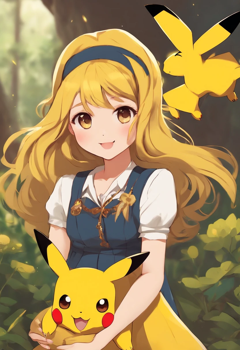 Girl with long yellow hair and short skirt holding a playful and cute Pikachu