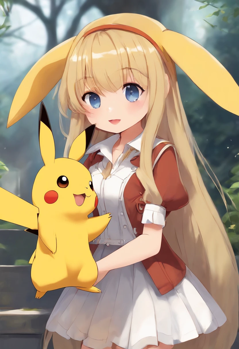 Girl with long yellow hair and short skirt holding a playful and cute Pikachu