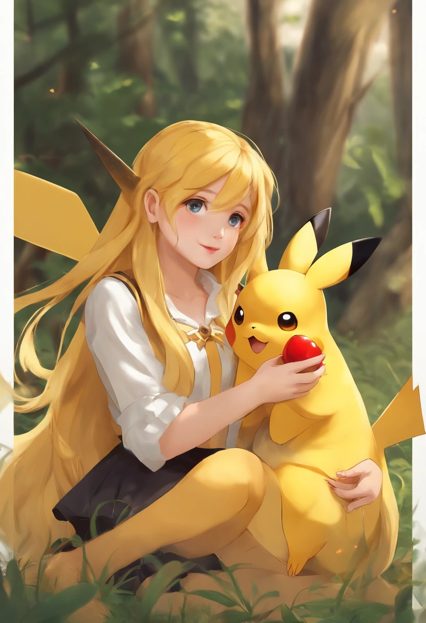 Girl with long yellow hair and short skirt holding a playful and cute Pikachu