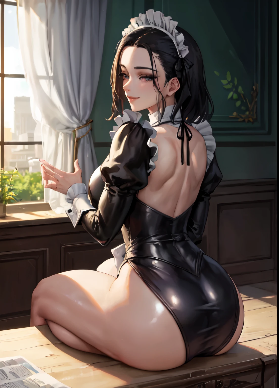 1girl, ass ,maid,victorian,shiny skin ,seductive smile,from behind,sitting,miniskirt, (masterpiece, high quality:1.2)