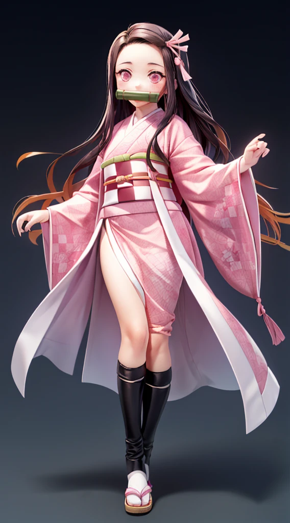 Masterpiece, best quality, high resolution, venus1, 1girl, solo, kamato nezuko, bamboo, brown hair, (((pink ribbon)) checkered belt, gag, gag, gradient hair, haori, japanese clothes, kimono, long hair, looking at the audience, pink eyes, pink kimono, pink ribbon, solo, full body
