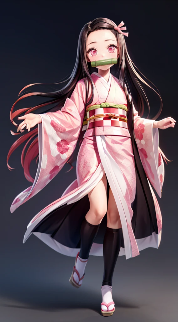 Masterpiece, best quality, high resolution, venus1, 1girl, solo, kamato nezuko, bamboo, brown hair, (((pink ribbon)) checkered belt, gag, gag, gradient hair, haori, japanese clothes, kimono, long hair, looking at the audience, pink eyes, pink kimono, pink ribbon, solo, full body
