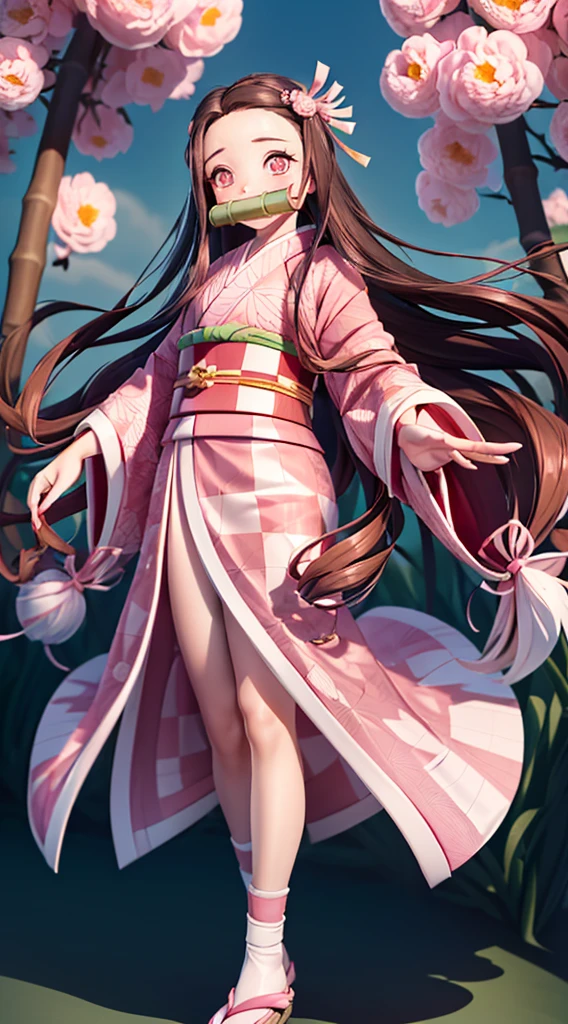 Masterpiece, best quality, high resolution, venus1, 1girl, solo, kamato nezuko, bamboo, brown hair, (((pink ribbon)) checkered belt, gag, gag, gradient hair, haori, japanese clothes, kimono, long hair, looking at the audience, pink eyes, pink kimono, pink ribbon, solo, full body