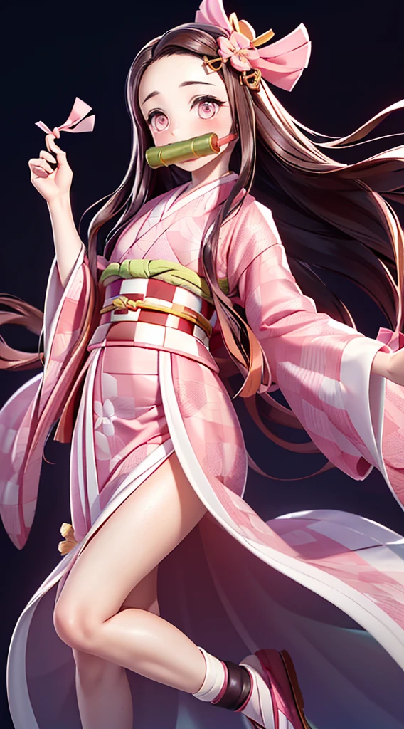 Anime girl with long black hair and pink dress with bamboo tube, realistic, beautiful, detailed bamboo tube, elaborate bamboo tube, real bamboo tube, high resolution, onmyoji portrait, kimono, anime moe art style, masterpiece, high quality