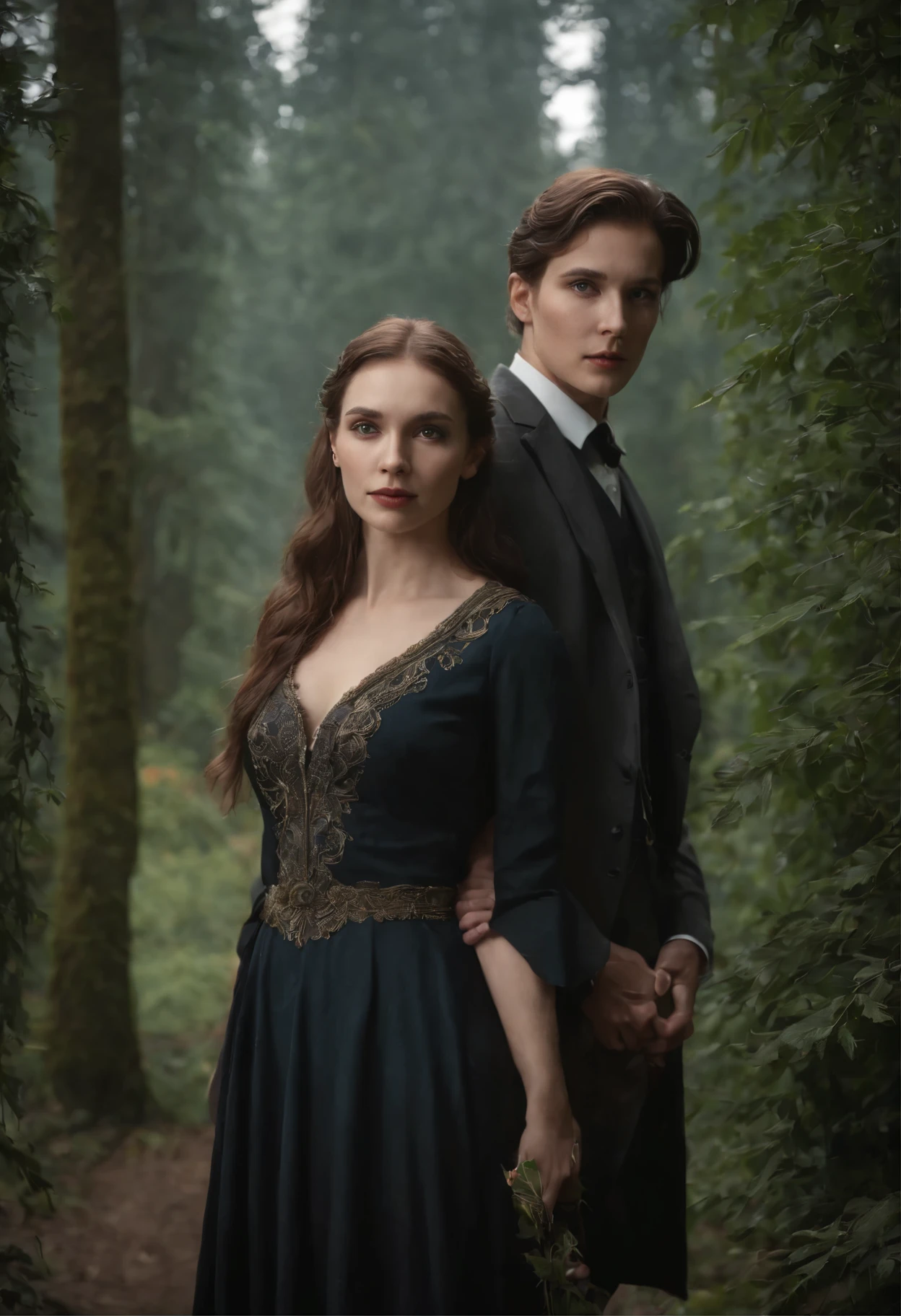 a poster of a man and woman standing next to each other, by Kieran Yanner, by Li Kan, key art, official artwork, official art, romance novel cover, official, david lynch film, an epic fantasy, the american gothic painting, promotional poster, promotional art, by Lorraine Fox, by Ryan Pancoast, young adult fantasy novel cover, trending photo, beautiful lighting, sharp focus, 8k, high res, (pores:0.1), (sweaty:0.8), Masterpiece, Nikon Z9, Crash Zoom Aqua lighting, 18-55mm Fauvist --aspect 7:4 --s 750 --v 5.2