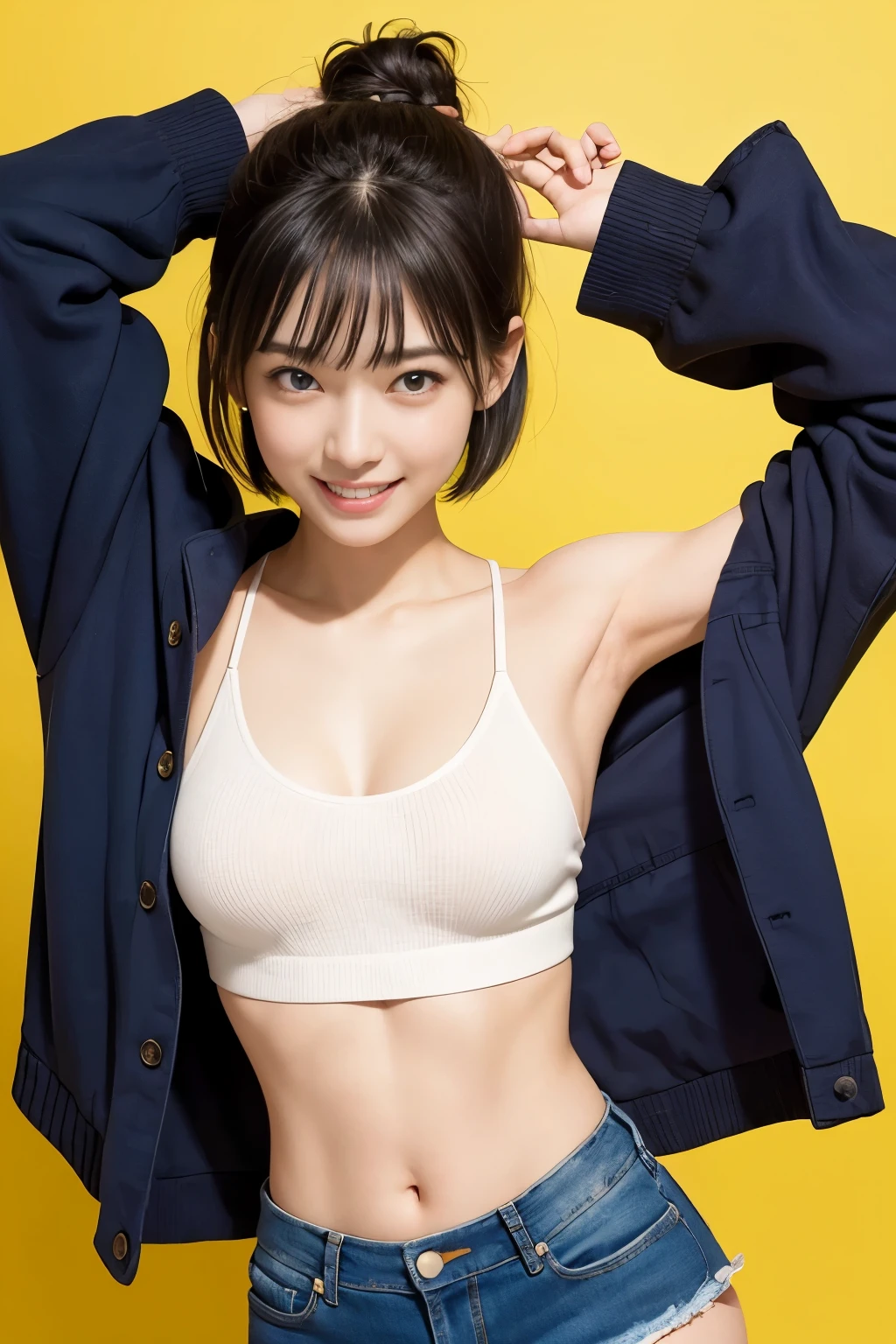 (with a girl:1.3), short hair, wonderful face and eyes, look at the camera, smile full of joy、show teeth、show your armpits、(crop top and denim shorts:1.2)、wear sneakers:1.4, very detailed CG 統合 8k 壁紙, very detailed, High resolution raw color photos, professional photos,yellow background, Low angle shooting,realistic full body shot,