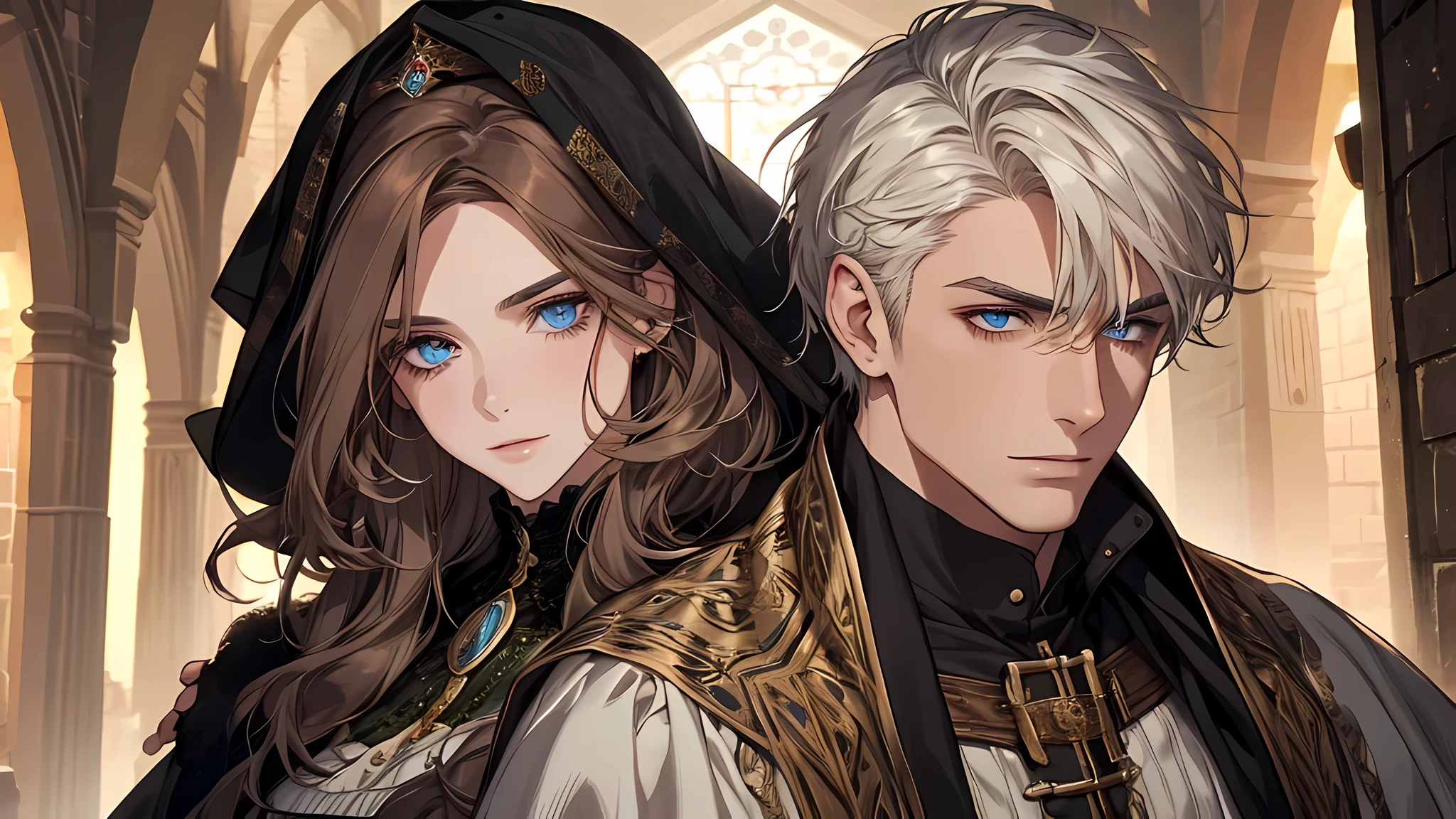 couple, 1 brown hair woman, 1 short white hair man, beautiful face, detailed face, detailed eyes, detailed nose, in a town, medieval times