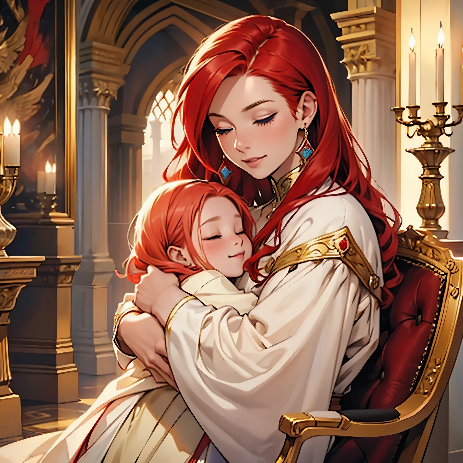 A girl with red hair and blue eyes, wearing noble clothes, with a gentle smile, in a Palace environment. (Eight years:1.8), [vibrant colors], [oil painting], [detailed background], [soft lighting], [high resolution], [elegant atmosphere], [beautifully detailed eyes], [beautifully detailed lips], [long eyelashes], hugging a young man with red hair, the young man has closed eyes and royal clothes, pale skin and enviable beauty.