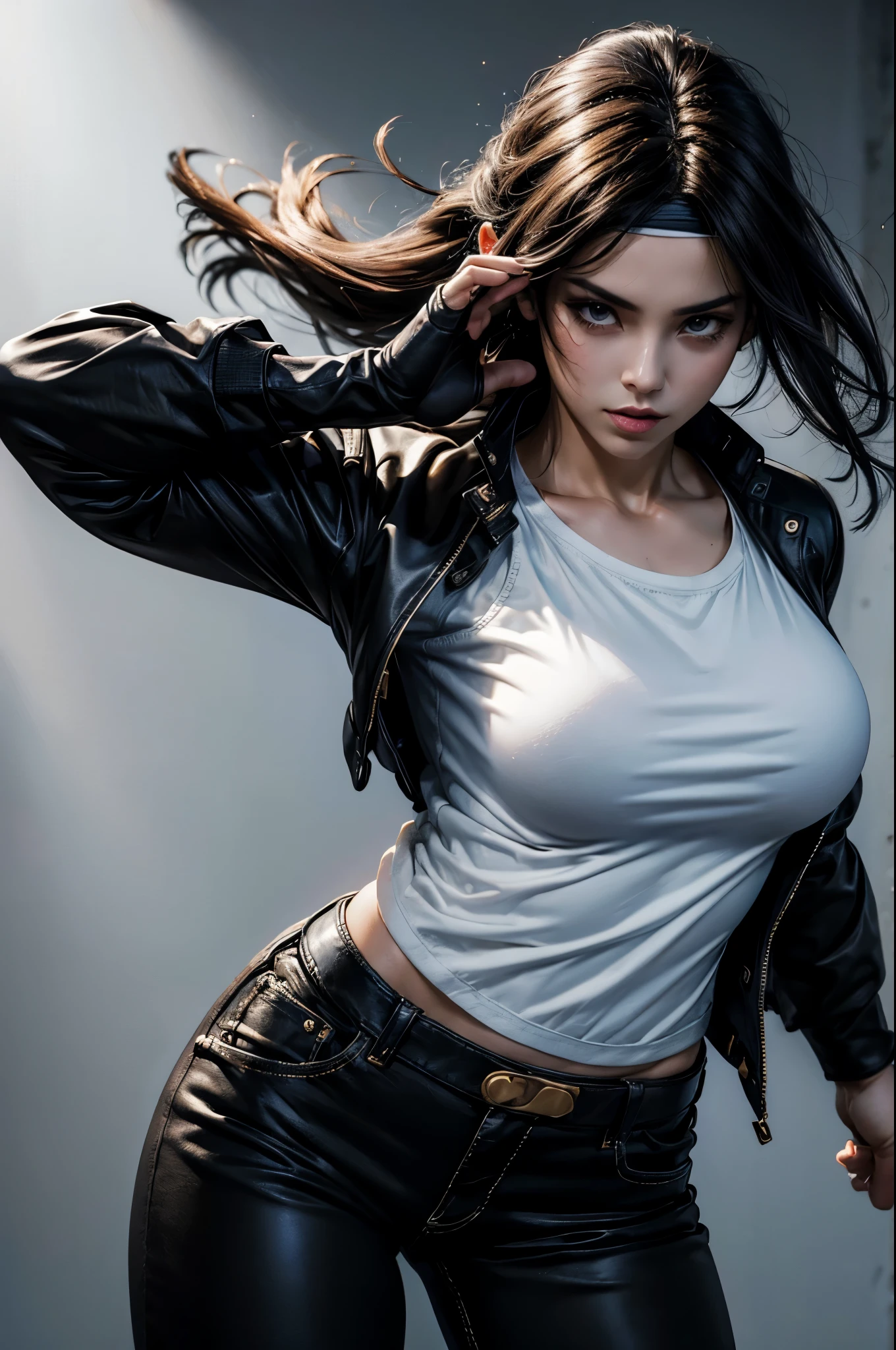 (masterpiece), best quality, expressive eyes, perfect face, highres, (female1.5), 1 girl, solo, orochikyo, black jacket, fingerless gloves, white t-shirt, white headband, black jacket, black pants, white shoes, simple background, particle effect, magic background, upper body, portrait, looking at the viewer, 