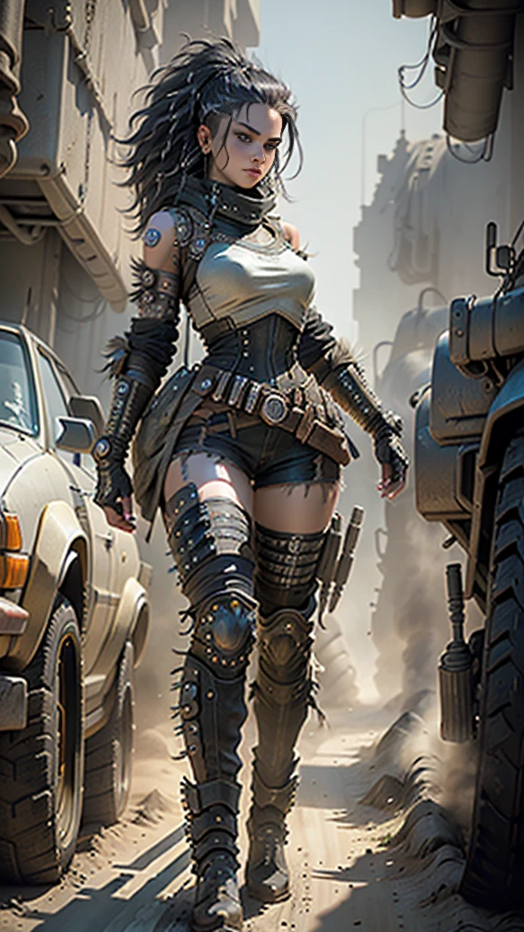 ((best quality)), ((masterpiece)), (highly detailed:1.3), 3D, Beautiful (cyberpunk:1.3) Woman with wavy and voluminous hair in modern style,((with weapons in hands)), (( (futuristic mad max movie style backdrop)))