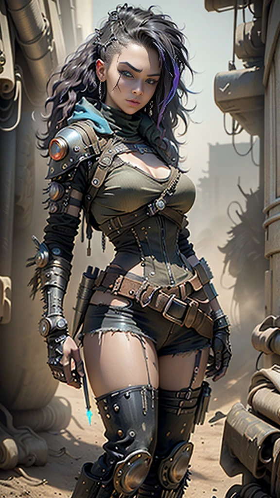 ((best quality)), ((masterpiece)), (highly detailed:1.3), 3D, Beautiful (cyberpunk:1.3) Woman with wavy and voluminous hair in modern style,((with weapons in hands)), (( (futuristic mad max movie style backdrop)))