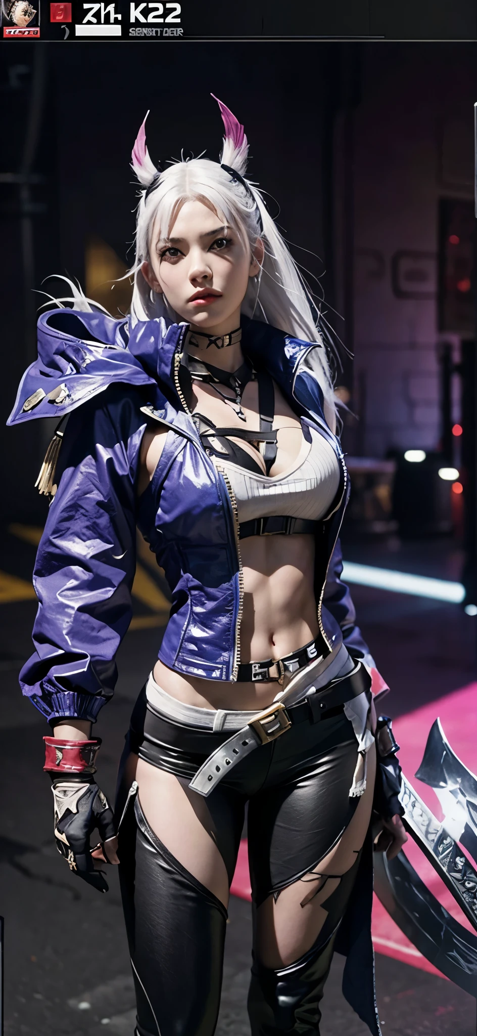 a close up of a person in a costume with a sword, as a character in tekken, female character, tifa lockhart with white hair, katana zero video game character, lunar themed attire, kda, slim body, cyborg - girl with silver hair, upper body avatar, fashion gameplay screenshot, fighting game character, new character, floralpunk elysian maiden, sigma female