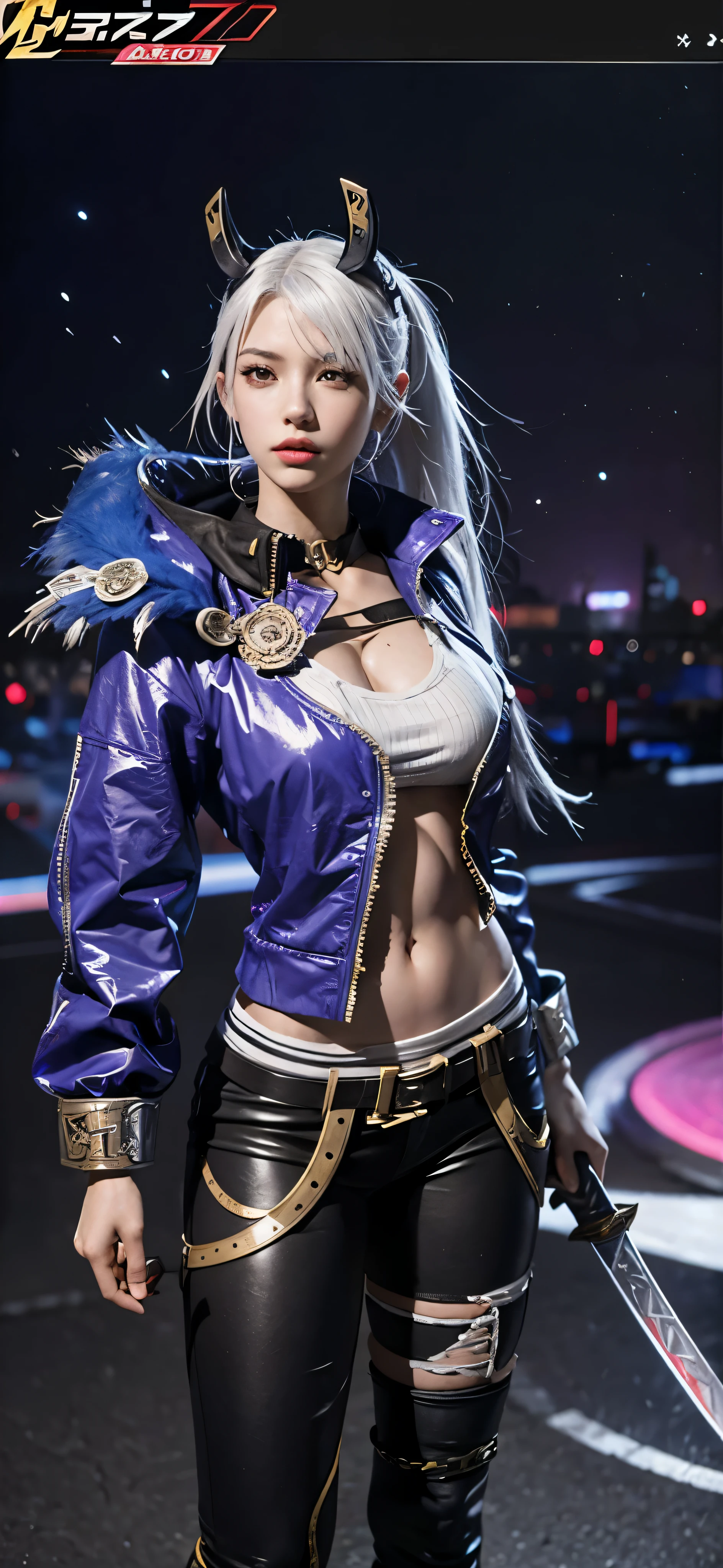 a close up of a person in a costume with a sword, as a character in tekken, female character, tifa lockhart with white hair, katana zero video game character, lunar themed attire, kda, slim body, cyborg - girl with silver hair, upper body avatar, fashion gameplay screenshot, fighting game character, new character, floralpunk elysian maiden, sigma female