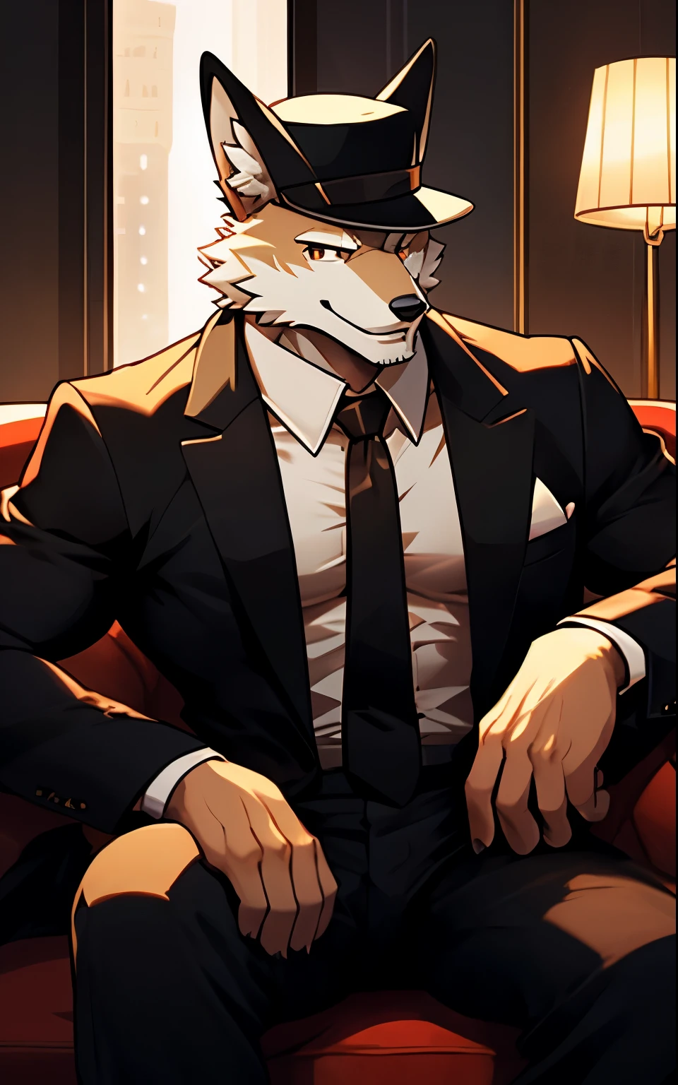 White fox, good looking, male, anthro, mafia suit, gun, sitting on couch, ultradetailed, perfect illumination, smiling, muscular, solo, bareness