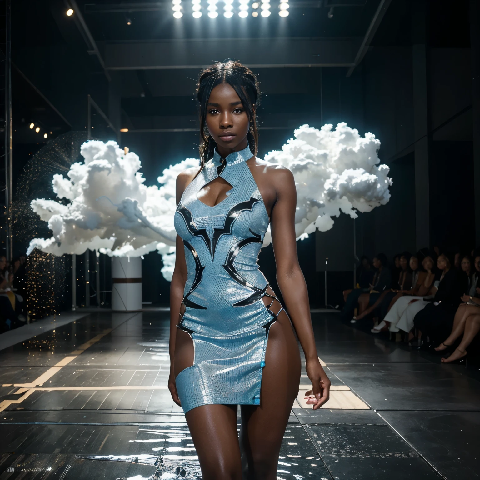 Black melanin woman model wearing a white African designed dress, flame fire on the dress, modelling on a runway in an empty space surrounded by water, crowd cheering her,  flouresent long bulbs surrounding the area providing light in the scene, creating a light blue and white colour grading, cinematic scene, artgerm style, 32k, ultra HD, unreal engine rendered, hyper-realistic image 
