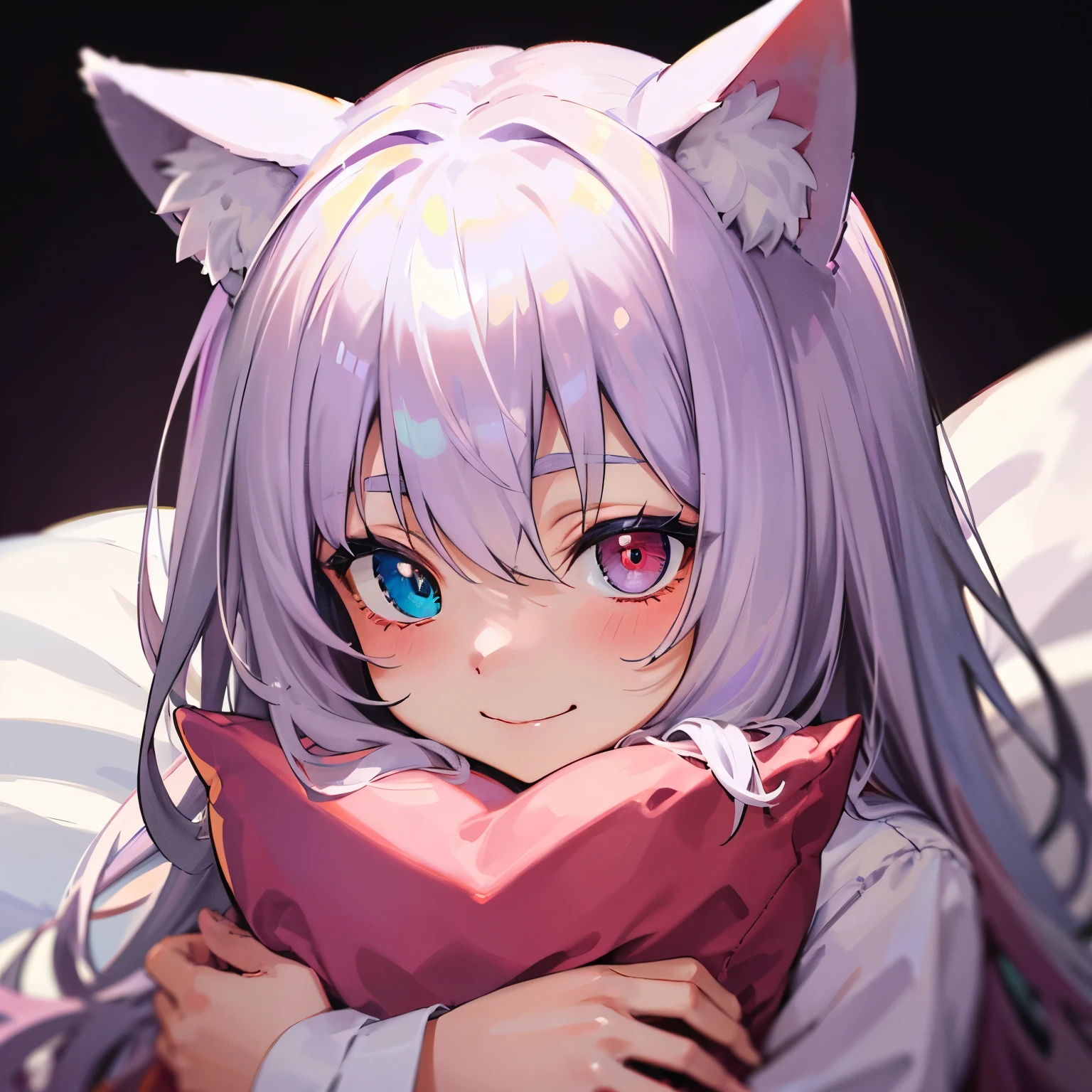 close-up portrait of ((solo catgirl)) hugging a pillow, light violet hair, nekomimi, simple plain background, innocent smile, pajamas, masterpiece, heterochromia, polychromia