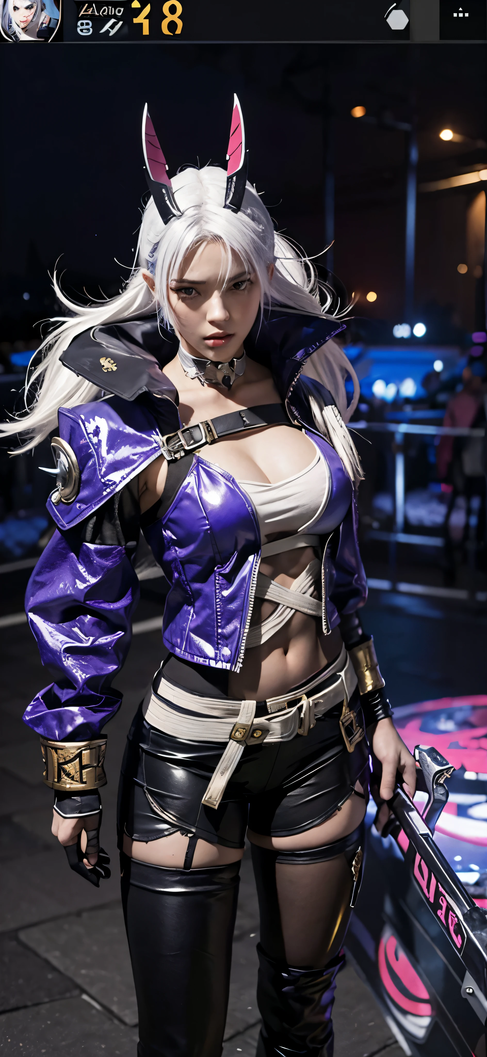 a close up of a person in a costume with a sword, as a character in tekken, female character, tifa lockhart with white hair, katana zero video game character, lunar themed attire, kda, slim body, cyborg - girl with silver hair, upper body avatar, fashion gameplay screenshot, fighting game character, new character, floralpunk elysian maiden, sigma female