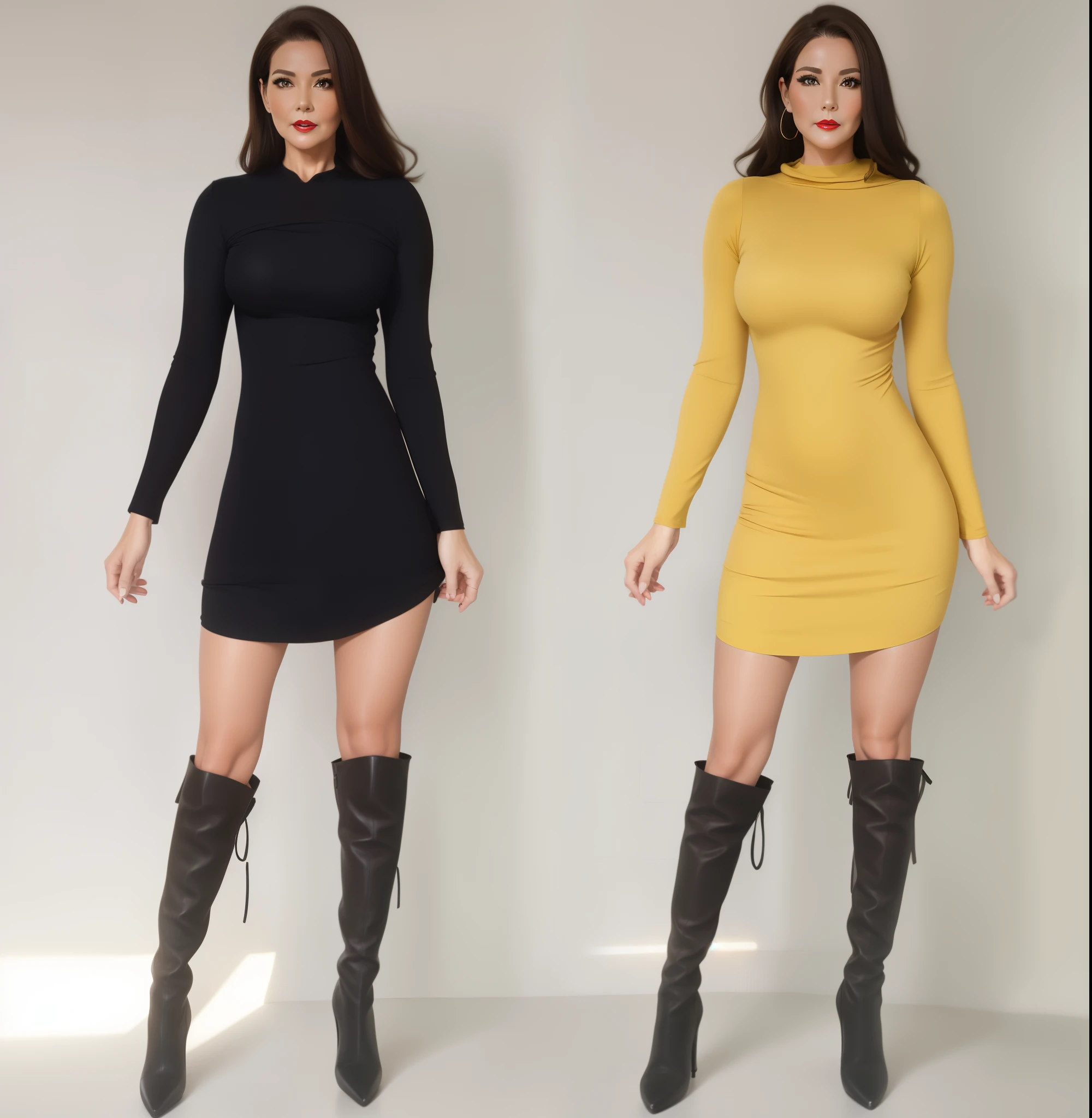 2 heads,Photo of a 50-year-old woman with brown hair, captivating gaze, brown eyes, Wrinkles on her face, black pantyhose,Black High Heel Boots,She wears very sexy lingerie underwear、、Revealing her large sagging breasts, Light makeup and red lips. 32K