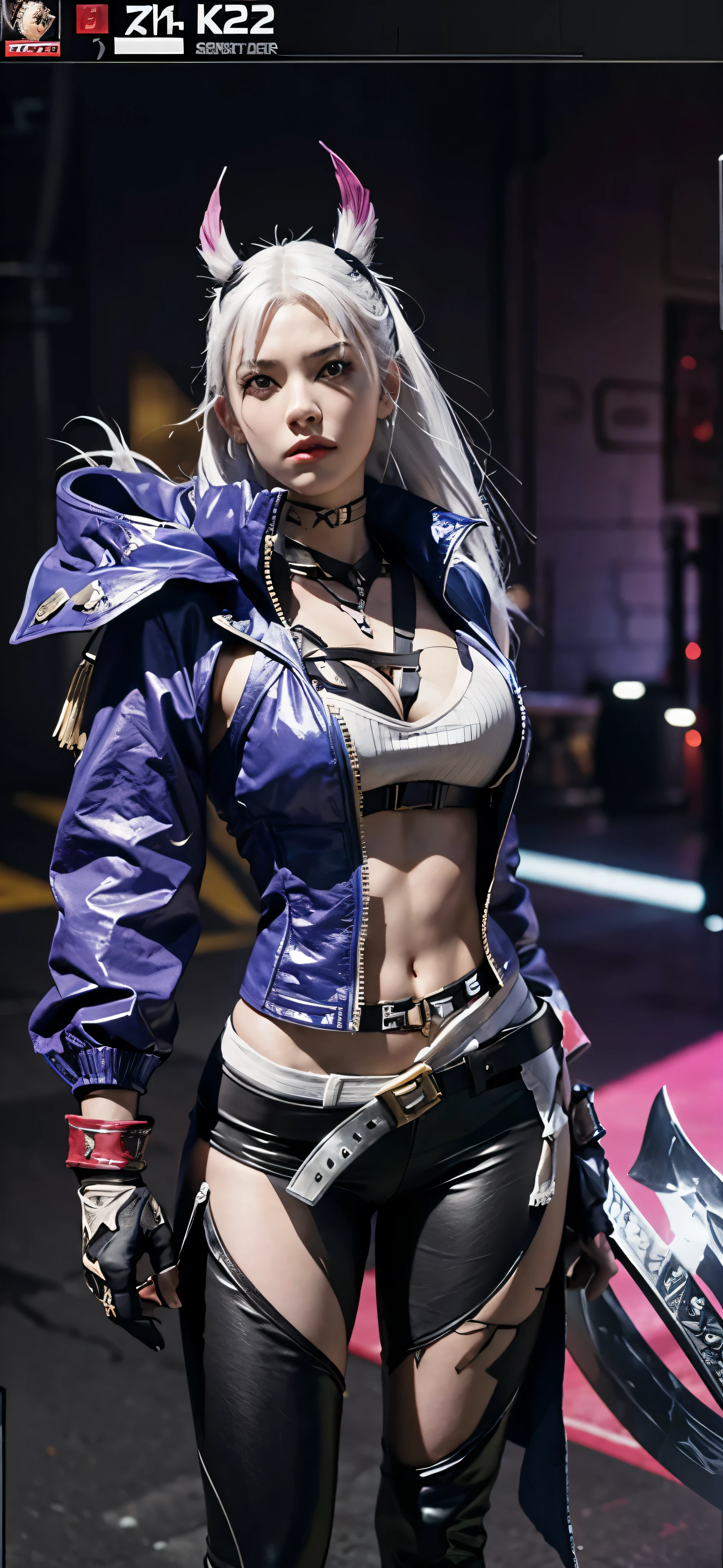a close up of a person in a costume with a sword, as a character in tekken, female character, tifa lockhart with white hair, katana zero video game character, lunar themed attire, kda, slim body, cyborg - girl with silver hair, upper body avatar, fashion gameplay screenshot, fighting game character, new character, floralpunk elysian maiden, sigma female