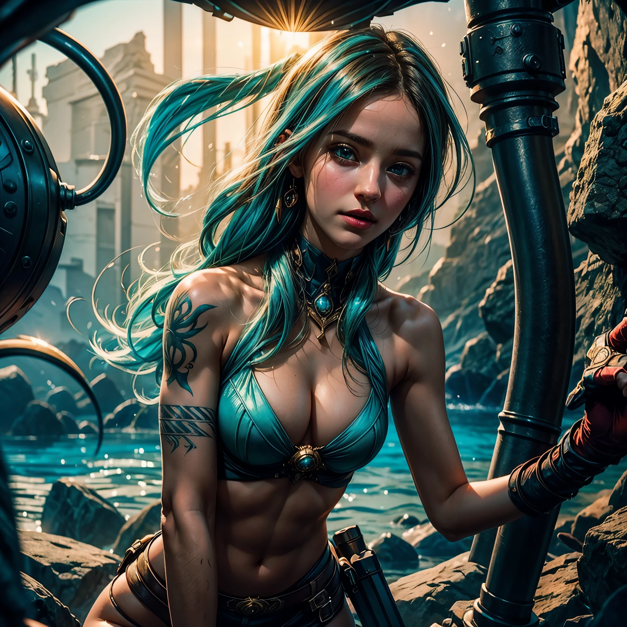 epic Nebulae stunning nebula vibrant hues ethereal interstellar sparks curiosity birth evolution stars Sun hyper starry_sky spacious SunShine panoramic sunset ultra sunrise ((dynamic Cinematic sunlight, hyper Best quality, ultra Masterpiece :1.3)) epic Gorgeous girl (Emily Rudd:Alicia Vikander) A close up of an supernaturally beautiful and enchanting Atlantean Barbarian War Goddess with a legendary magical spear and angrily shouting in fury. She is skinny dipping in shallow waves in a dark underground sea cave lit only with oceanic bioluminescence that washes over her perfect, irresistible body. Glowing magical golden minimalistic anime-style female battle armor. Her tan skin shimmers with scales. She is athletic, slender, fit, toned, lean, and very muscular with a thin waist and slim hips. She has deeply tanned skin and flowing, lustrous hair. Her large, vibrant, glowing turquoise Asian eyes lock intensely onto the viewer with a predatory, otherworldly allure. She has intricate aquatic-inspired tattoos across her body. Her face has painted designs. Swirling shadows deep path Equirectangular_360 street UnrealEngine5 Ultra Masterpiece Cinematic_sunlight ultra Pro_Photo-realistic optimal ultra_high-quality opengl-shaders ultra_high-details accurate reflex ultra_high-resolution perfection volumetric lightning improved Octane_rendues ultra_high-definition UHD XT3 DSLR HDR 3dcg analogiques extatiques symmetrical dazzling Will-o'-the-wisp global luminescence plasma hearth incandescente reflection varied multi etc. --v 6 --s 1000 --c 20 --q 20 --chaos 100