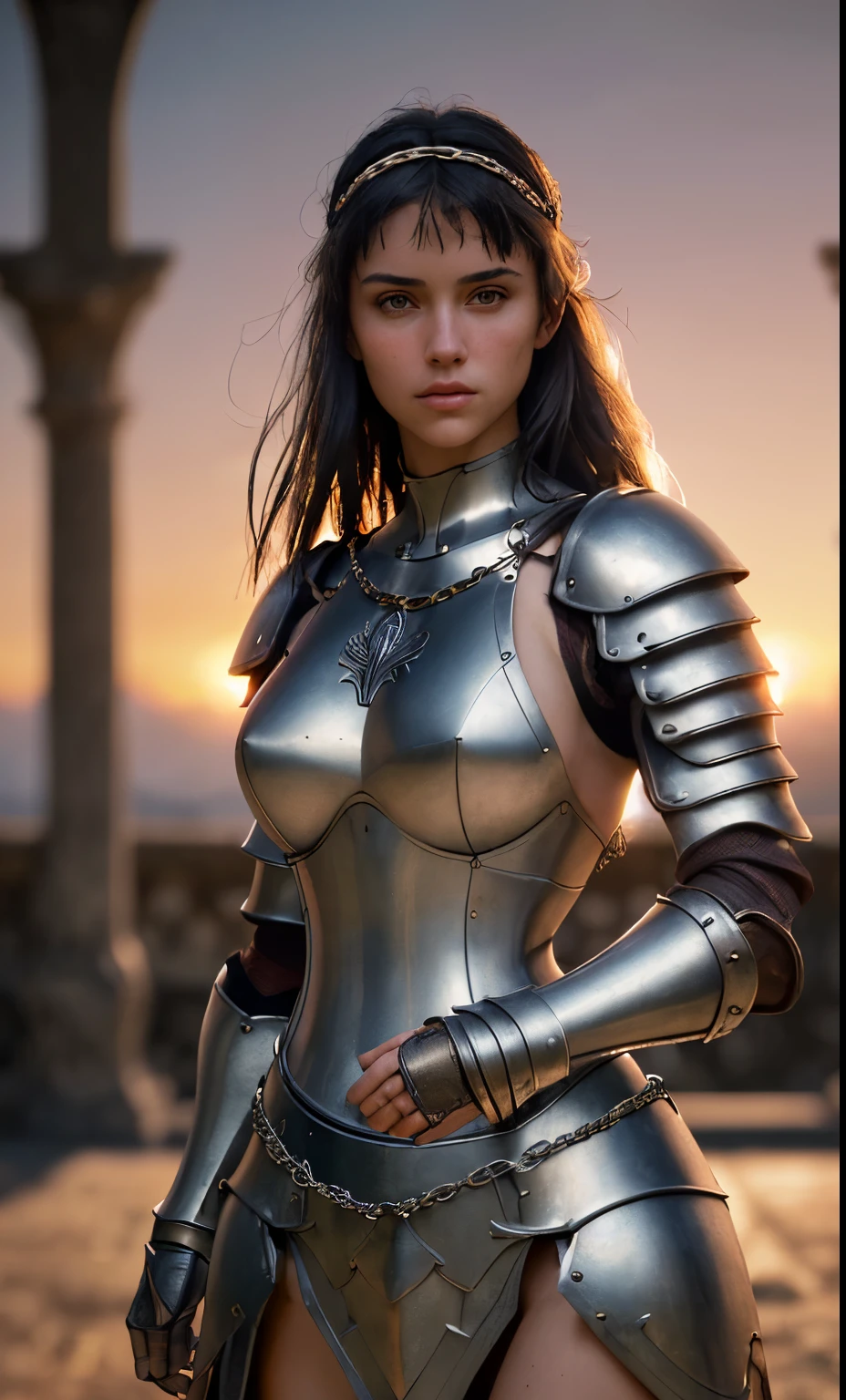 (masterpiece), (extremely complex:1.3), (Realistic), Portrait of a girl, the most beautiful in the world, (Medieval armor), metal reflections, Upper body, on open air, intense sunlight, distant castle, professional photo of a stunning woman in detail, Sharp Focus, Dramatic, Award Winning, cinematic lighting, octane number rendering of unreal engine, dtx volumetrics, (granularity, blurred background, blurred foreground, hips, depth of field, sunset, Blur:1.3), chain mail